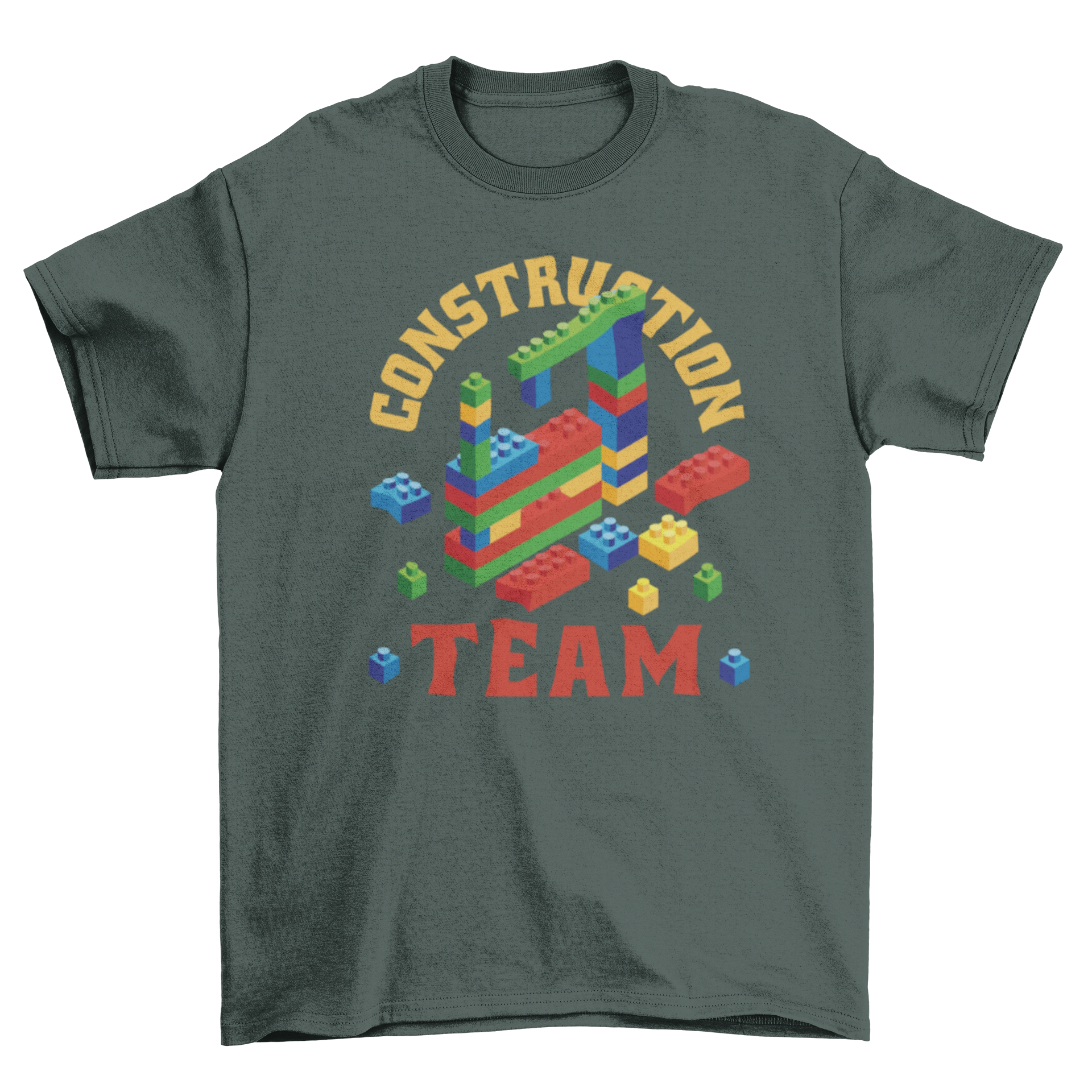A stylish t-shirt featuring colorful building blocks and the quote 'Construction team', perfect for construction enthusiasts.