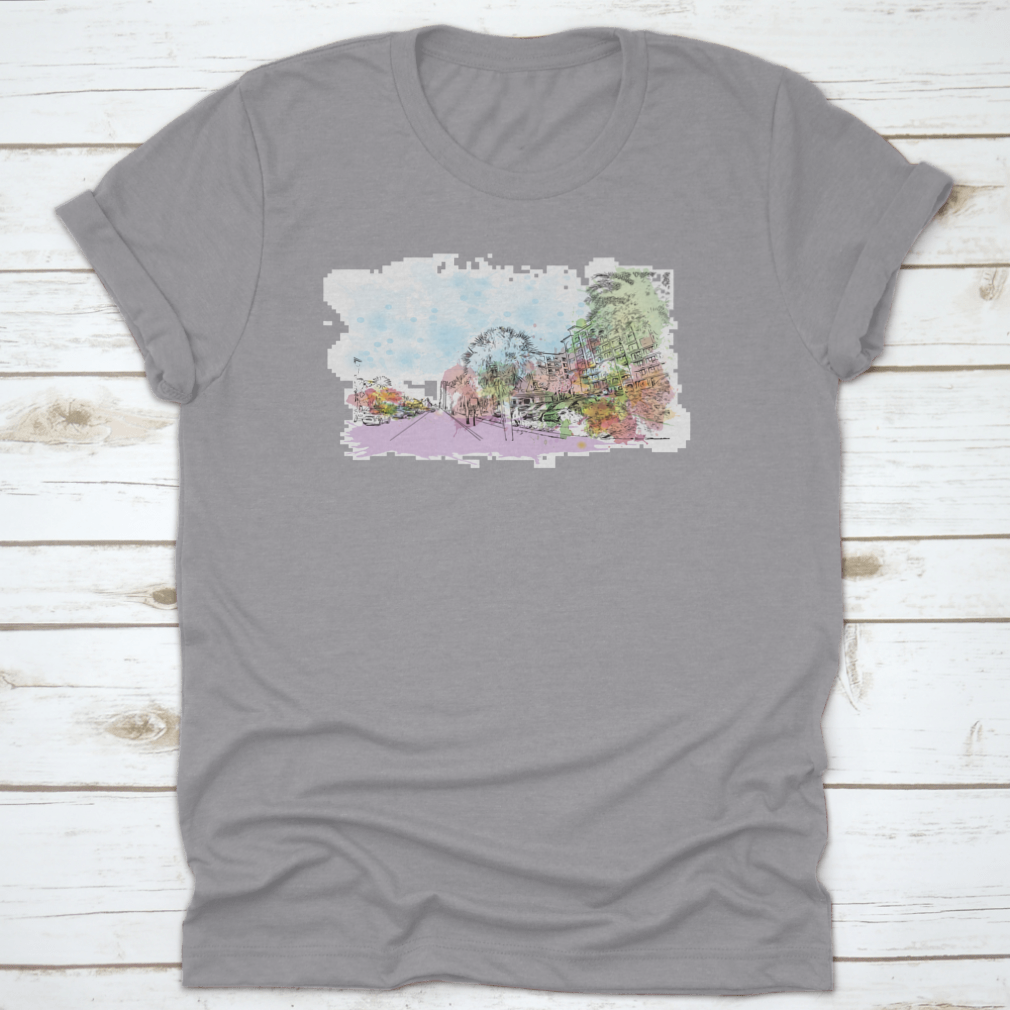 A stylish cotton t-shirt featuring the Building View with Landmark of Clearwater, showcasing its classic fit and comfortable fabric.