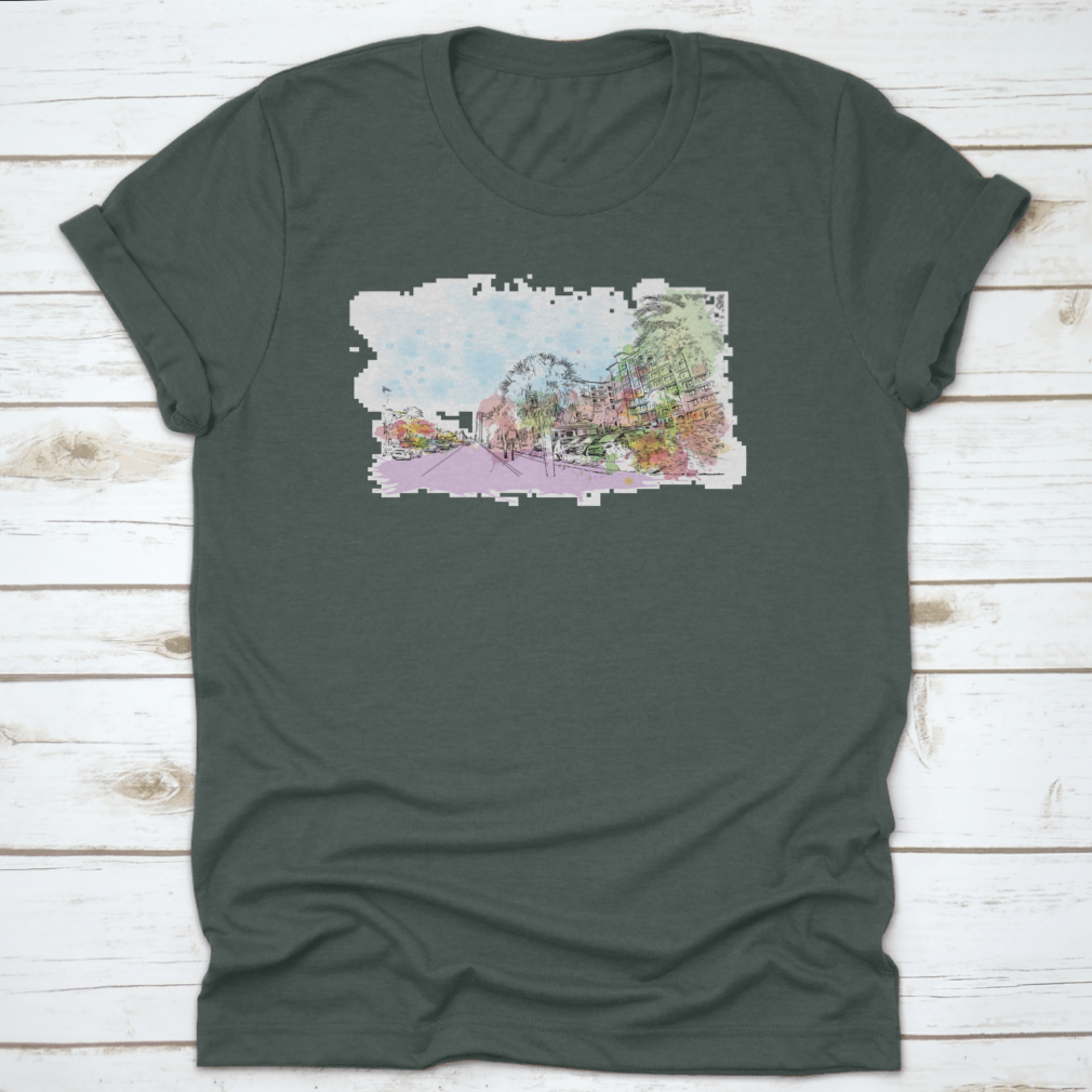 A stylish cotton t-shirt featuring the Building View with Landmark of Clearwater, showcasing its classic fit and comfortable fabric.