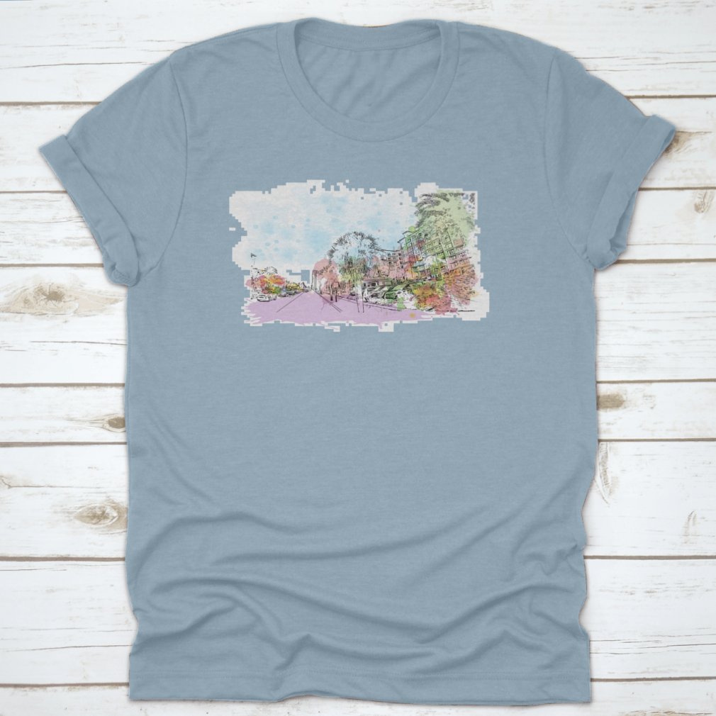 A stylish cotton t-shirt featuring the Building View with Landmark of Clearwater, showcasing its classic fit and comfortable fabric.