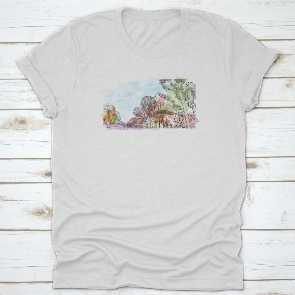 A stylish t-shirt featuring the Building View With Landmark Of Clearwater design, made from 100% cotton, showcasing its classic fit and quality fabric.