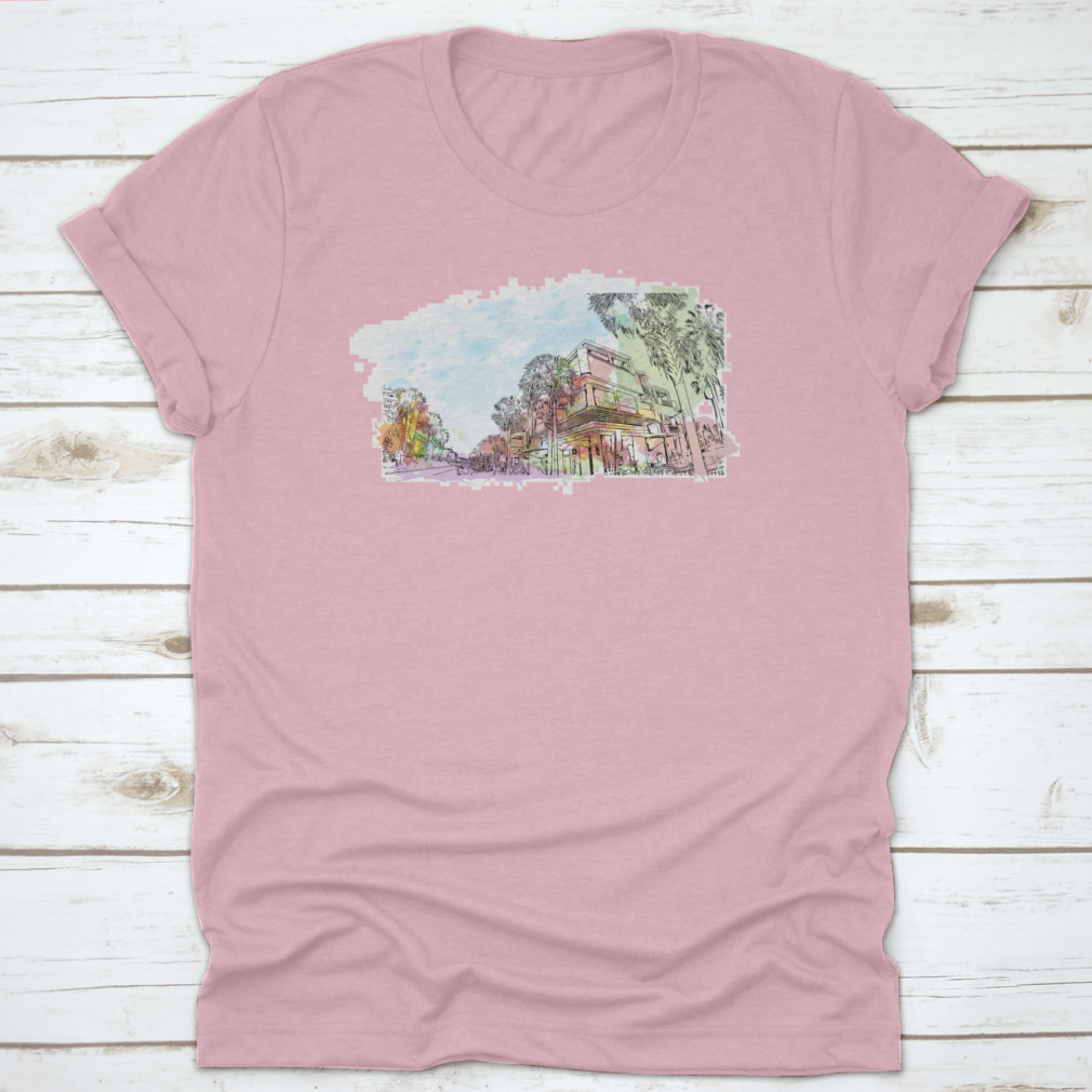A stylish t-shirt featuring the Building View With Landmark Of Clearwater design, made from 100% cotton, showcasing its classic fit and quality fabric.