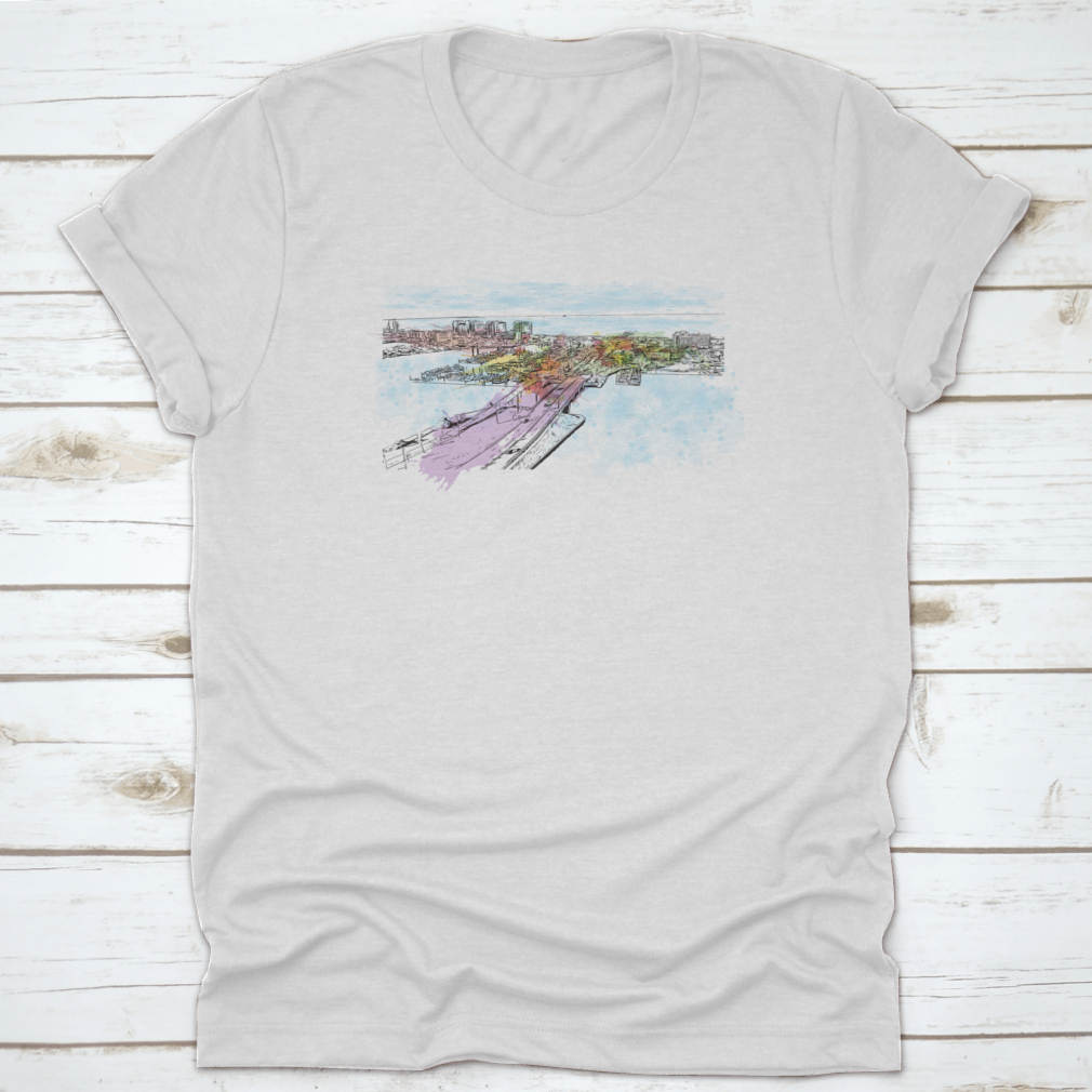 A comfortable t-shirt featuring the Building View With Landmark Of Clearwater design, made from 100% cotton, showcasing a classic fit.