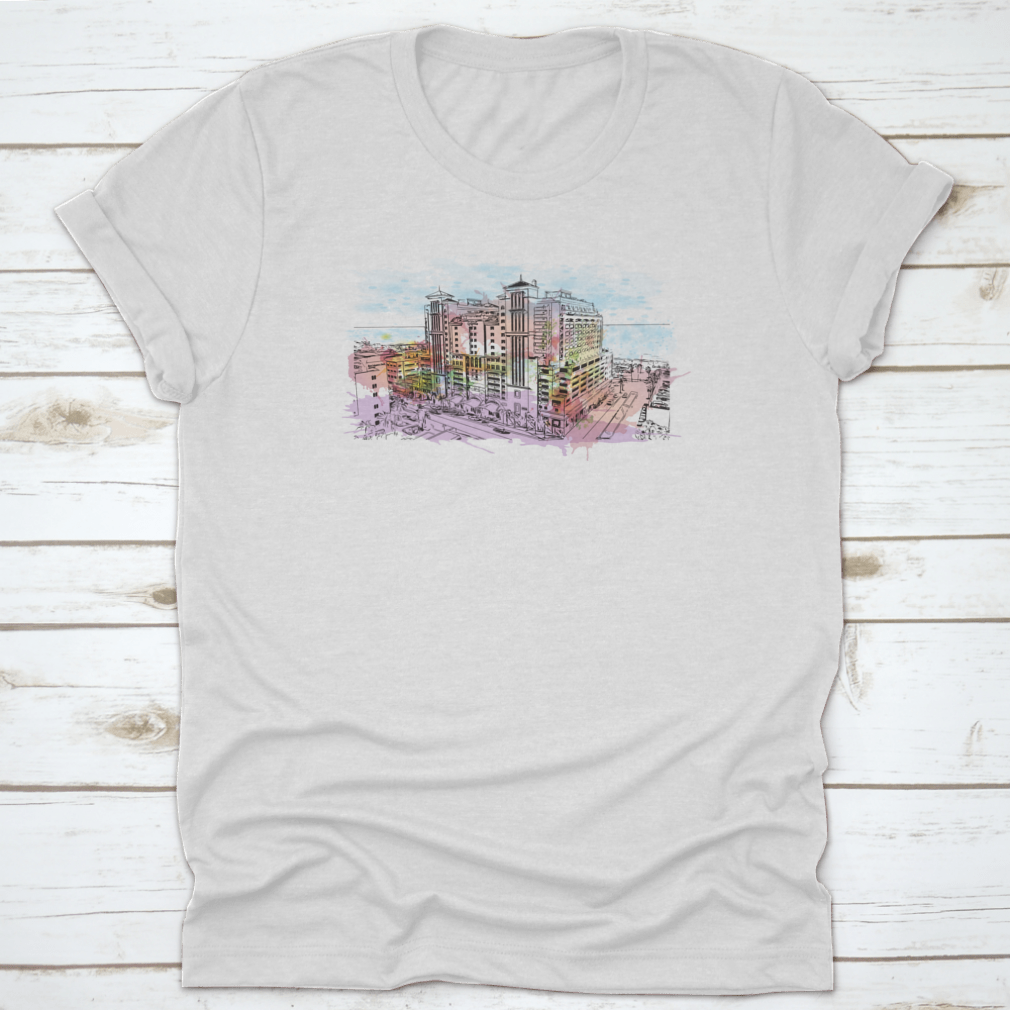 A stylish cotton t-shirt featuring the Building View with Landmark of Clearwater, showcasing its comfortable fit and quality fabric.