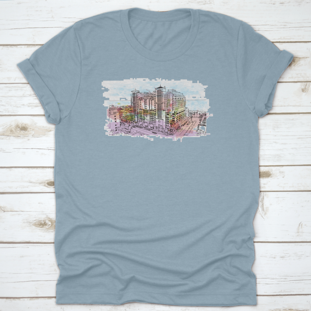 A stylish cotton t-shirt featuring the Building View with Landmark of Clearwater, showcasing its comfortable fit and quality fabric.