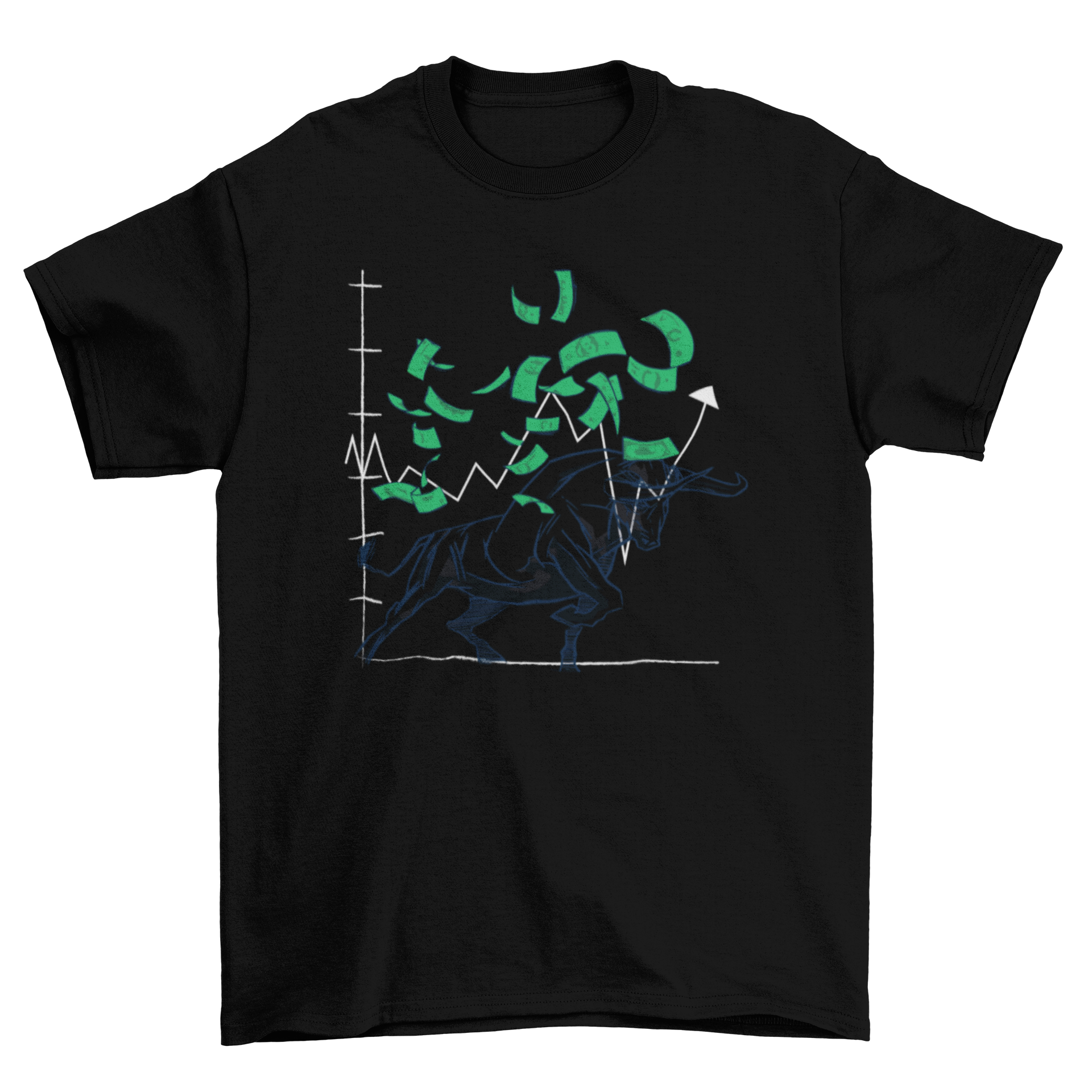 Bull stock market t-shirt featuring a bull, money, and a financial chart design.