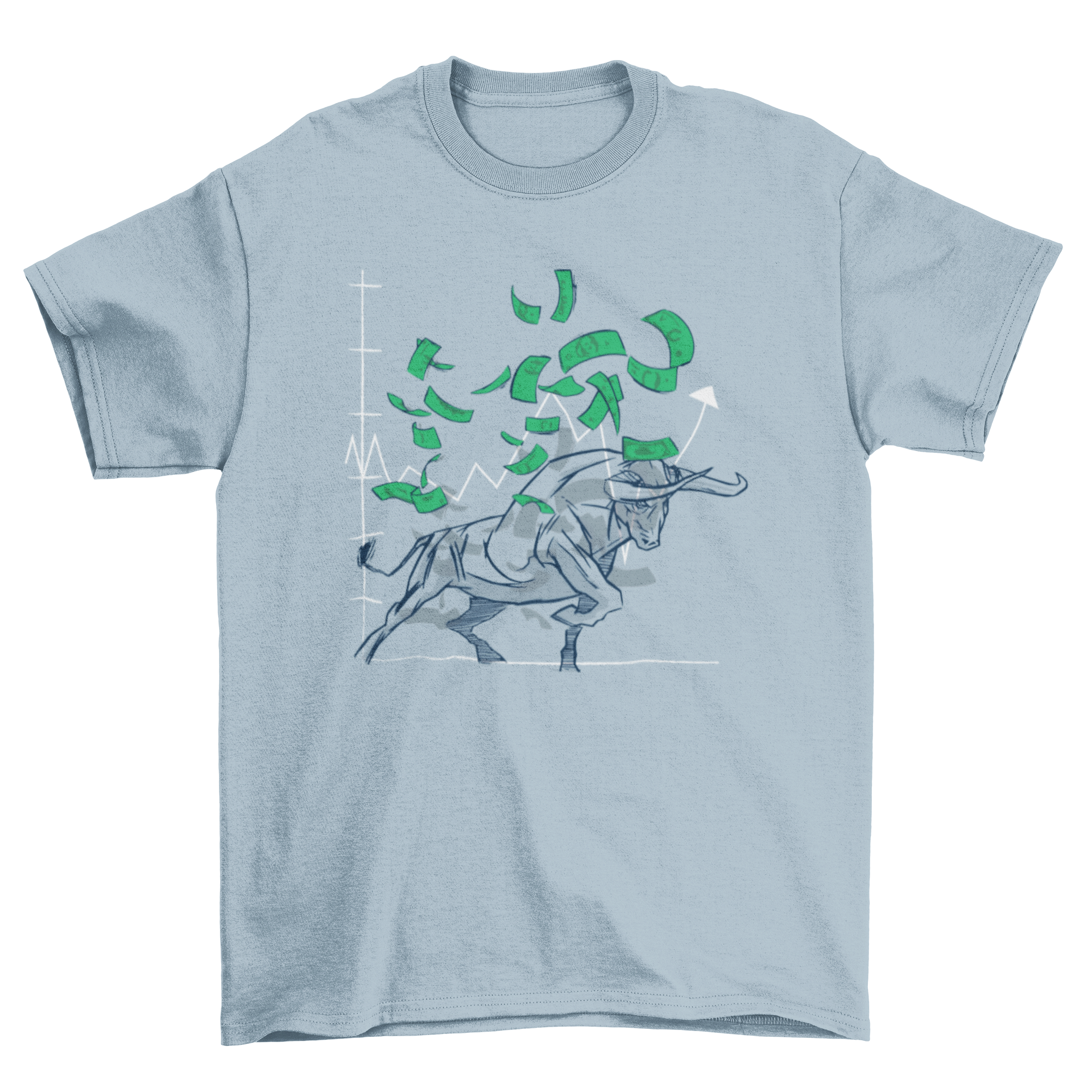 Bull stock market t-shirt featuring a bull, money, and a financial chart design.