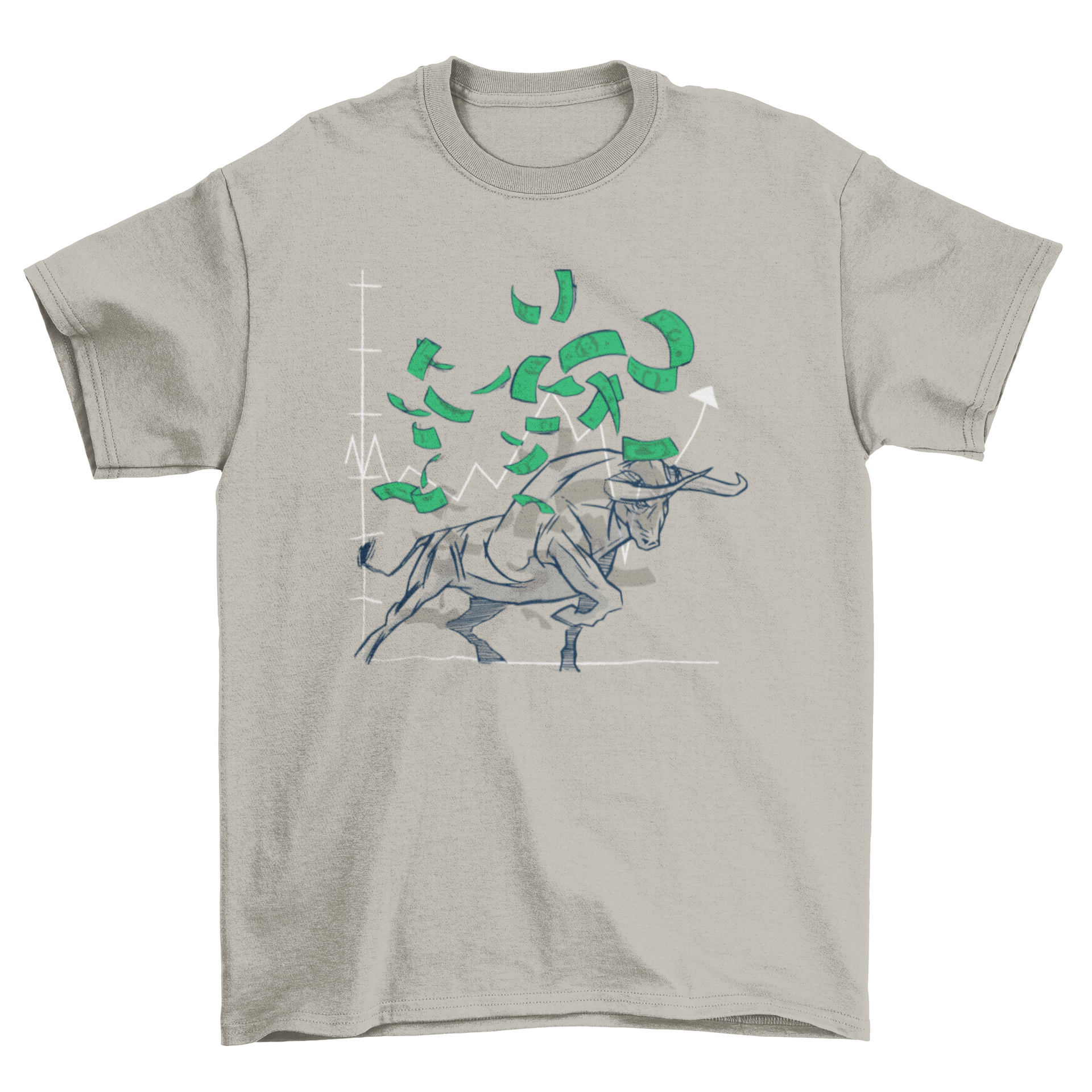 Bull stock market t-shirt featuring a bull, money, and a financial chart design.