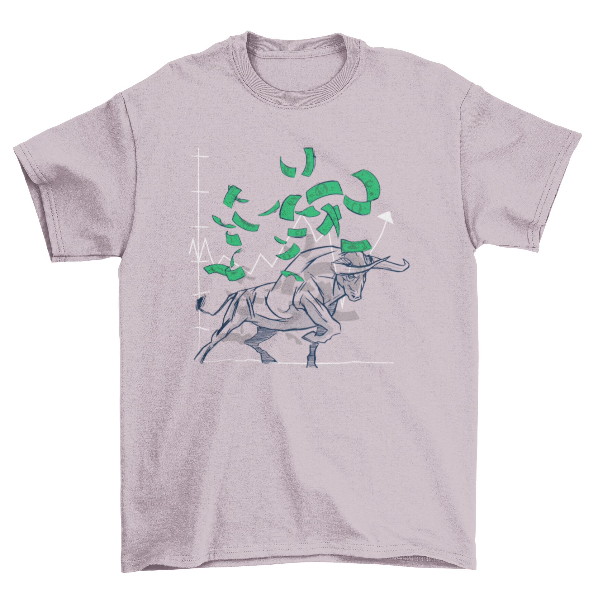 Bull stock market t-shirt featuring a bull, money, and a financial chart design.