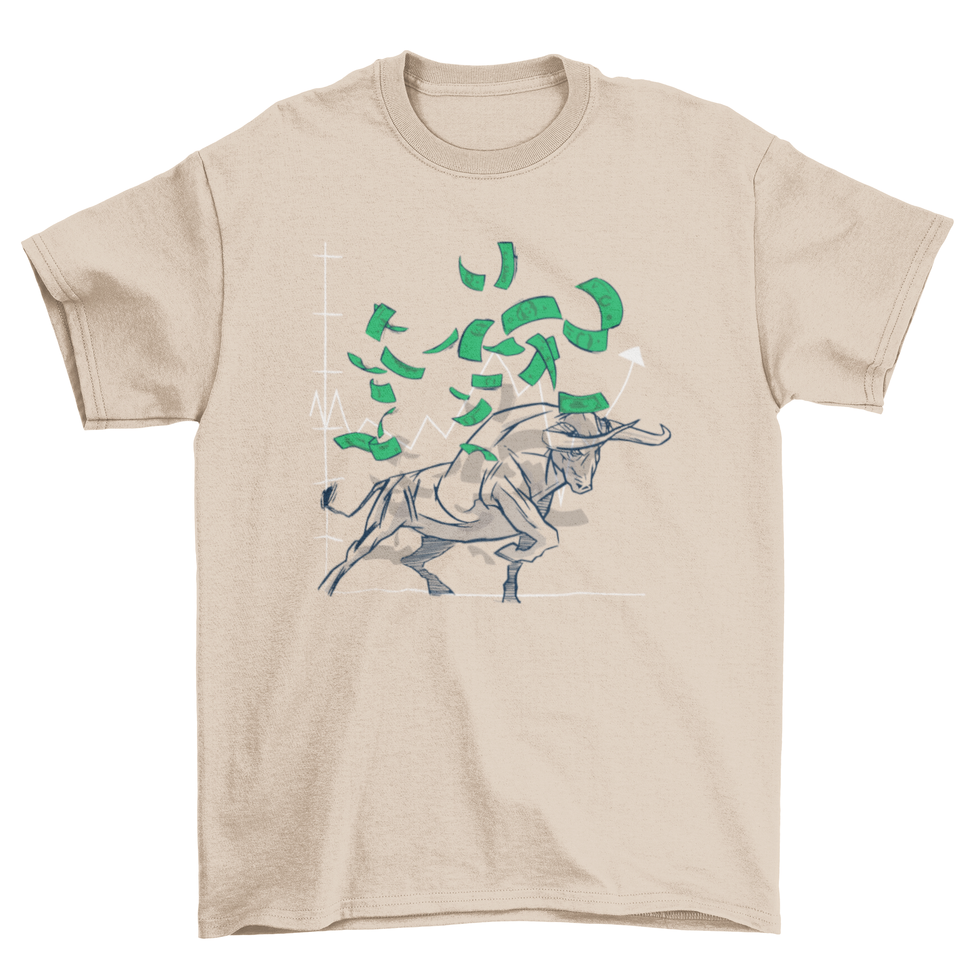 Bull stock market t-shirt featuring a bull, money, and a financial chart design.
