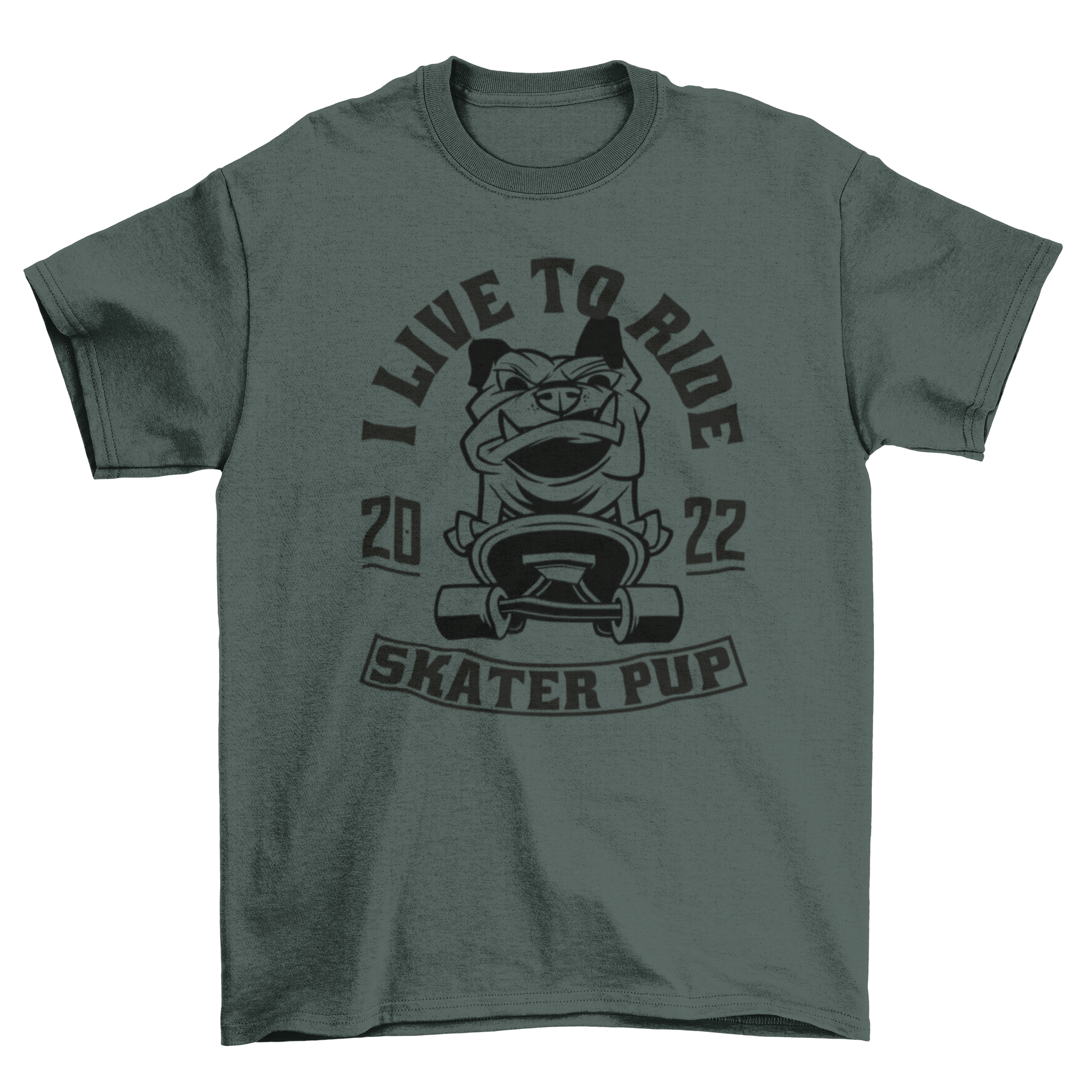 A stylish t-shirt featuring a bulldog riding a skateboard with quotes 'I live to ride' and 'Skater pup'.
