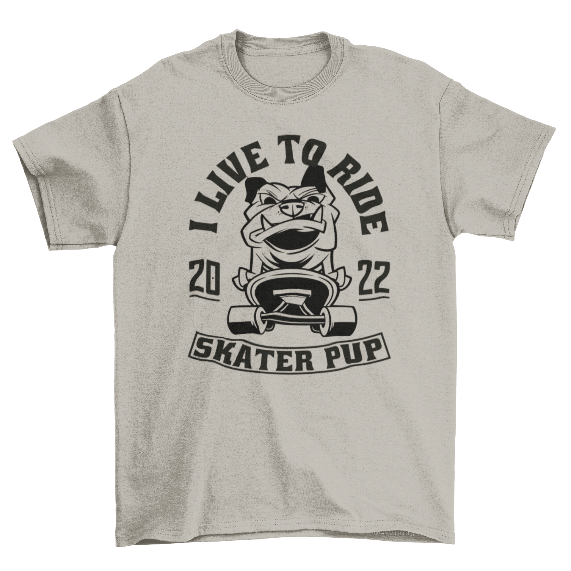 A stylish t-shirt featuring a bulldog riding a skateboard with quotes 'I live to ride' and 'Skater pup'.