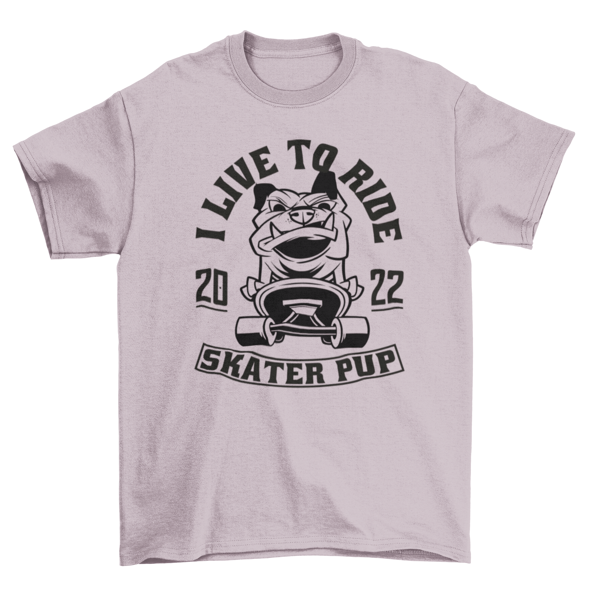 A stylish t-shirt featuring a bulldog riding a skateboard with quotes 'I live to ride' and 'Skater pup'.