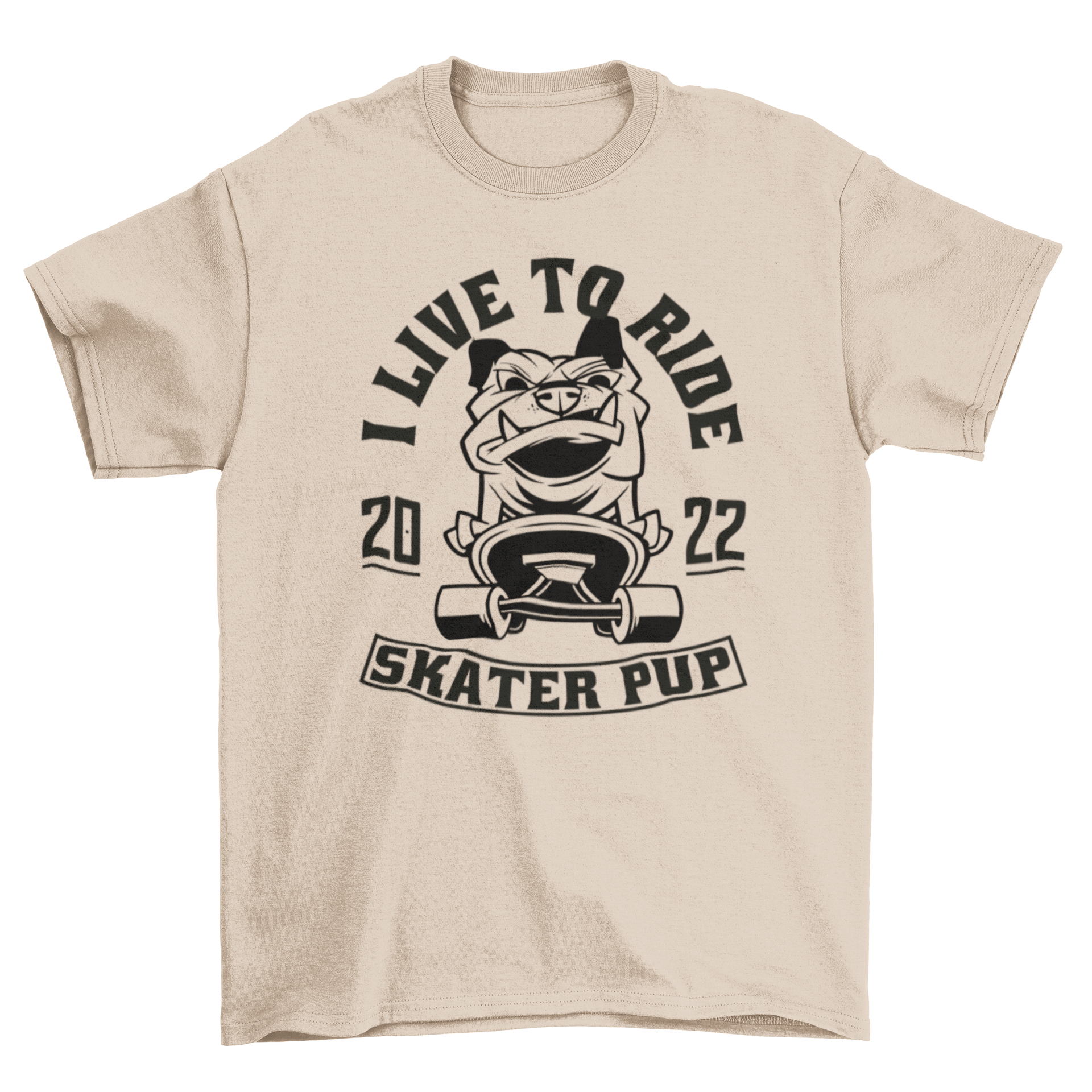 A stylish t-shirt featuring a bulldog riding a skateboard with quotes 'I live to ride' and 'Skater pup'.