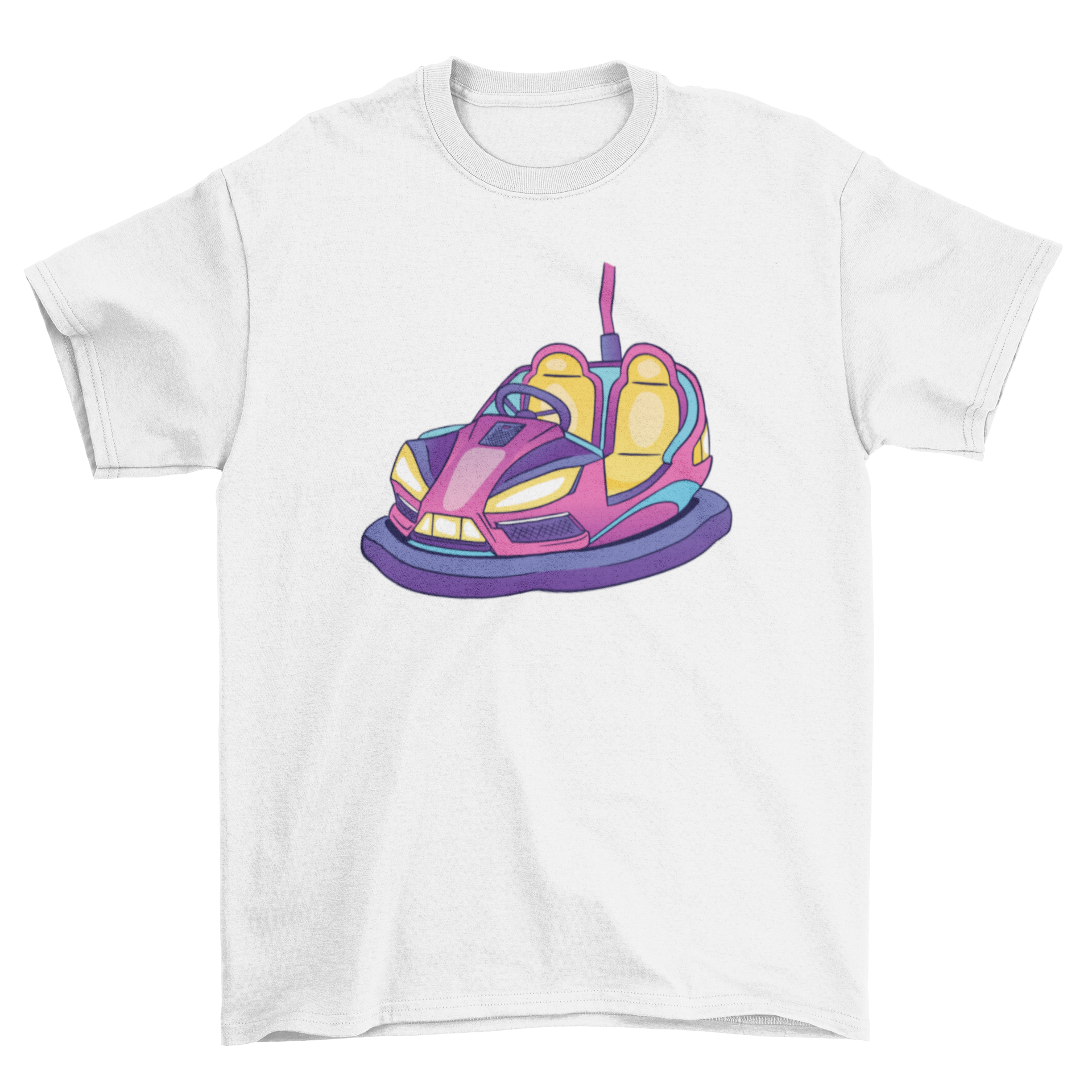 Colorful bumper car illustration on a stylish t-shirt, perfect for amusement park lovers.