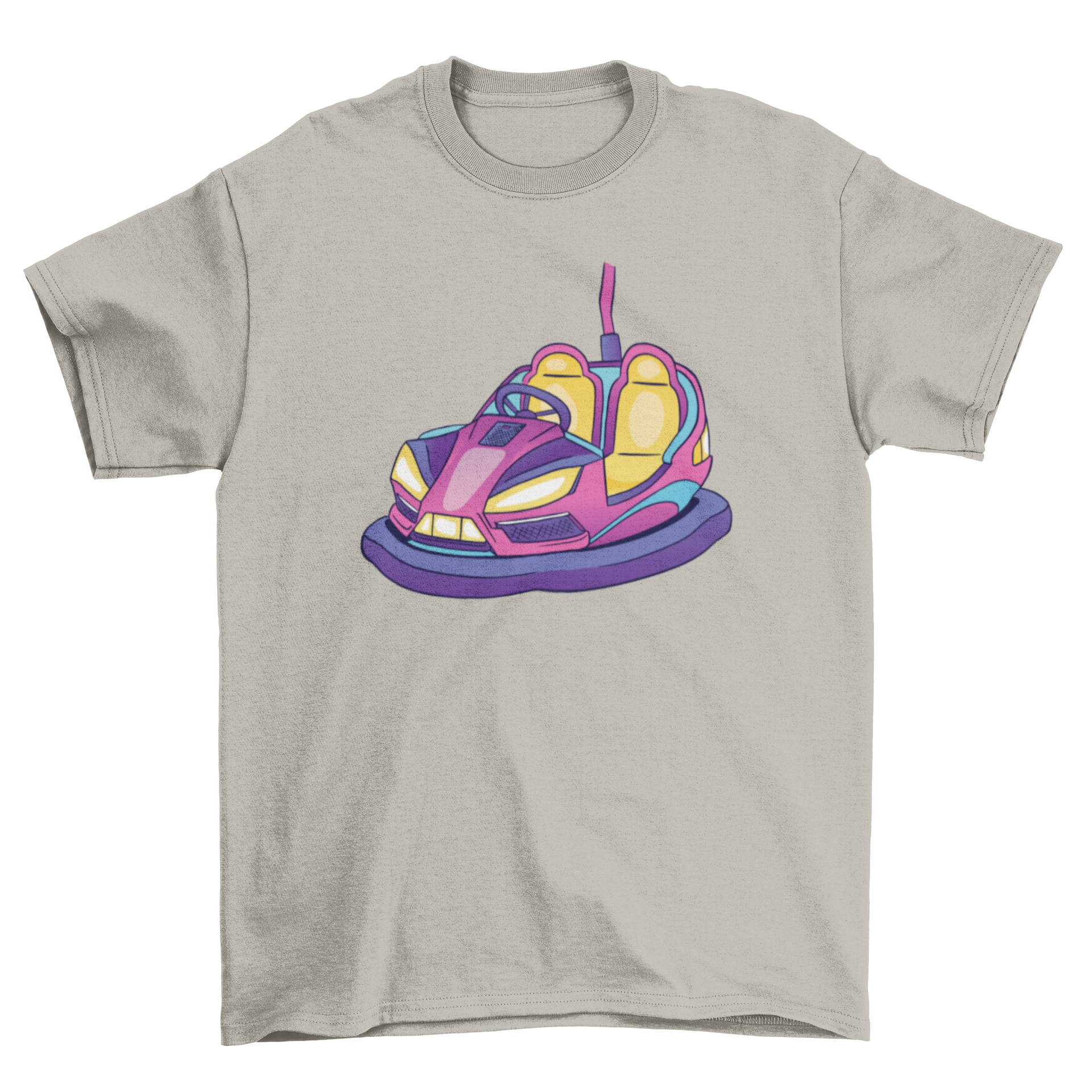 Colorful bumper car illustration on a stylish t-shirt, perfect for amusement park lovers.