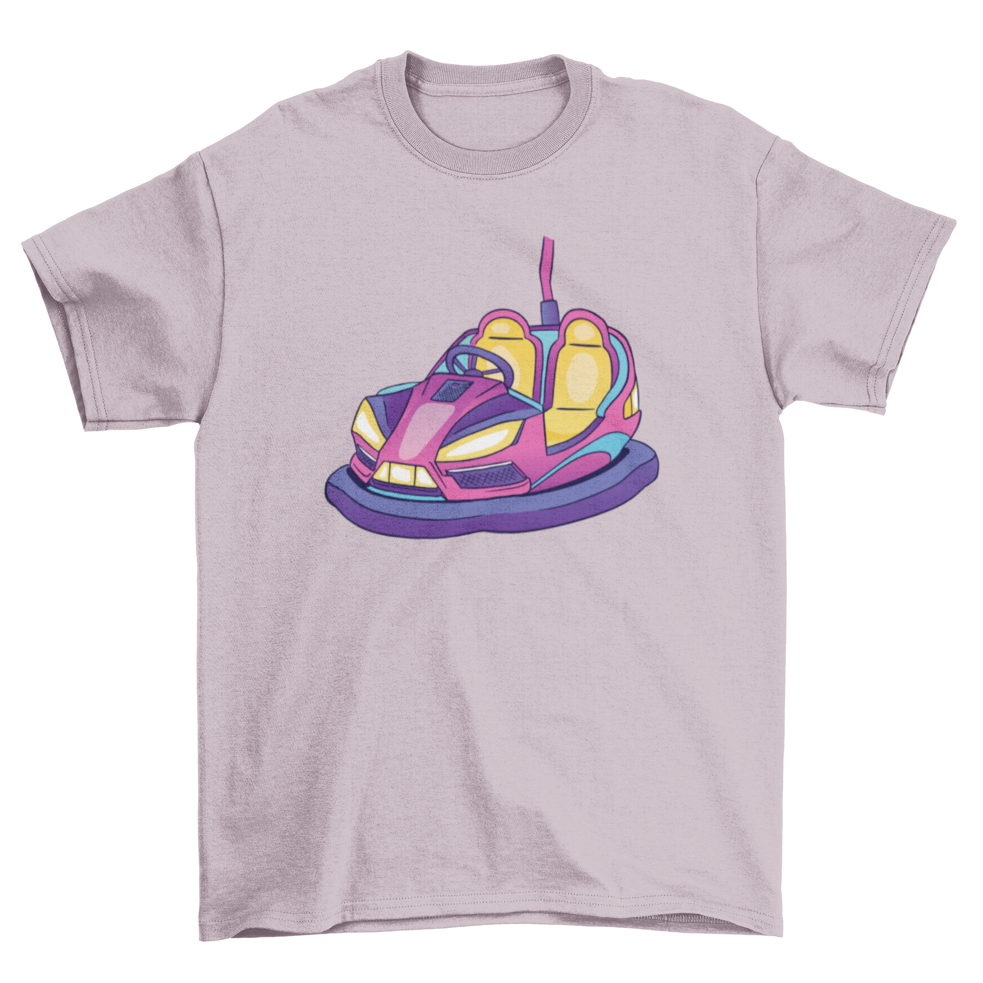 Colorful bumper car illustration on a stylish t-shirt, perfect for amusement park lovers.