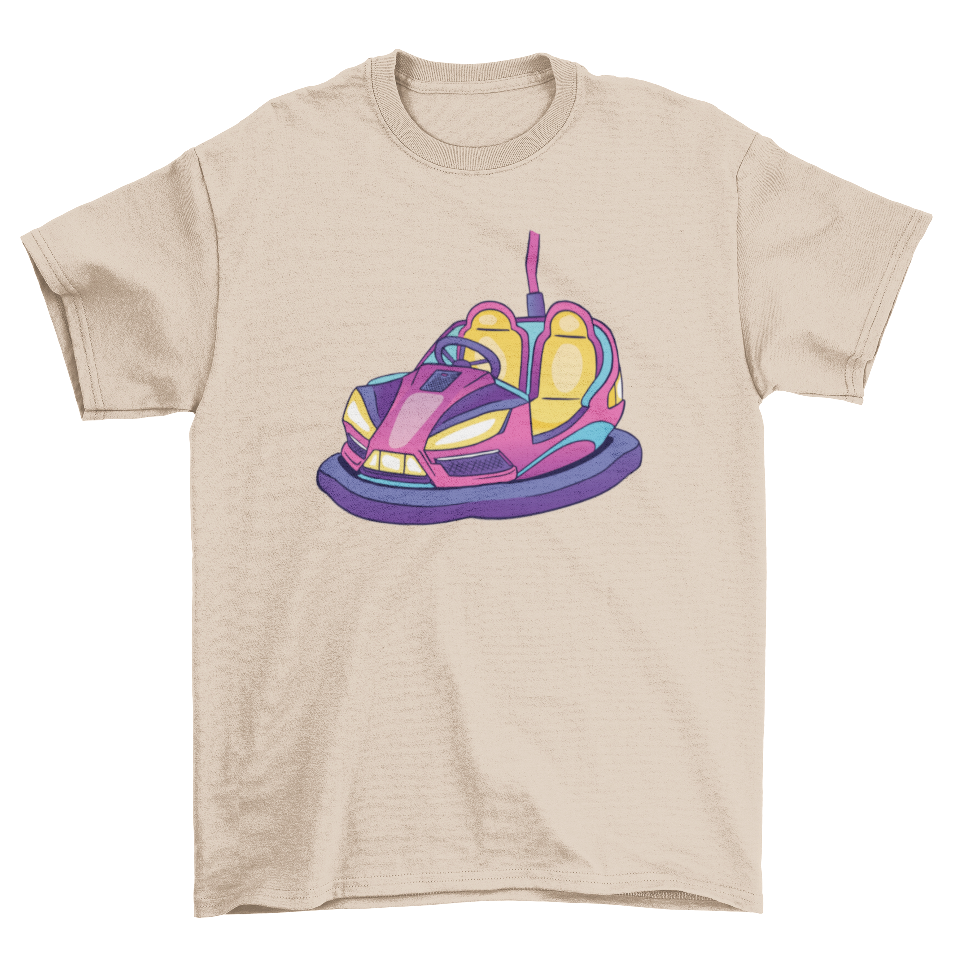 Colorful bumper car illustration on a stylish t-shirt, perfect for amusement park lovers.