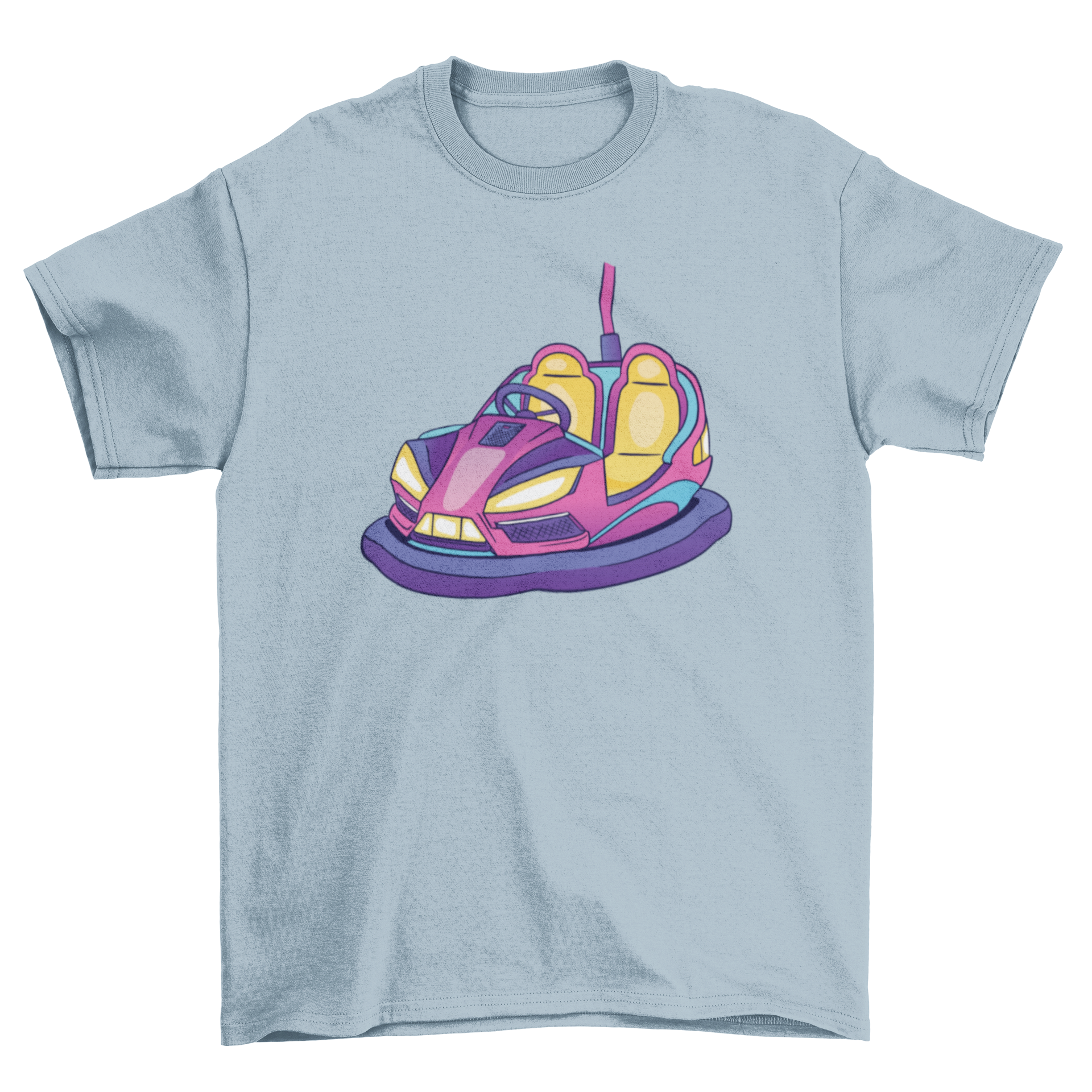 Colorful bumper car illustration on a stylish t-shirt, perfect for amusement park lovers.