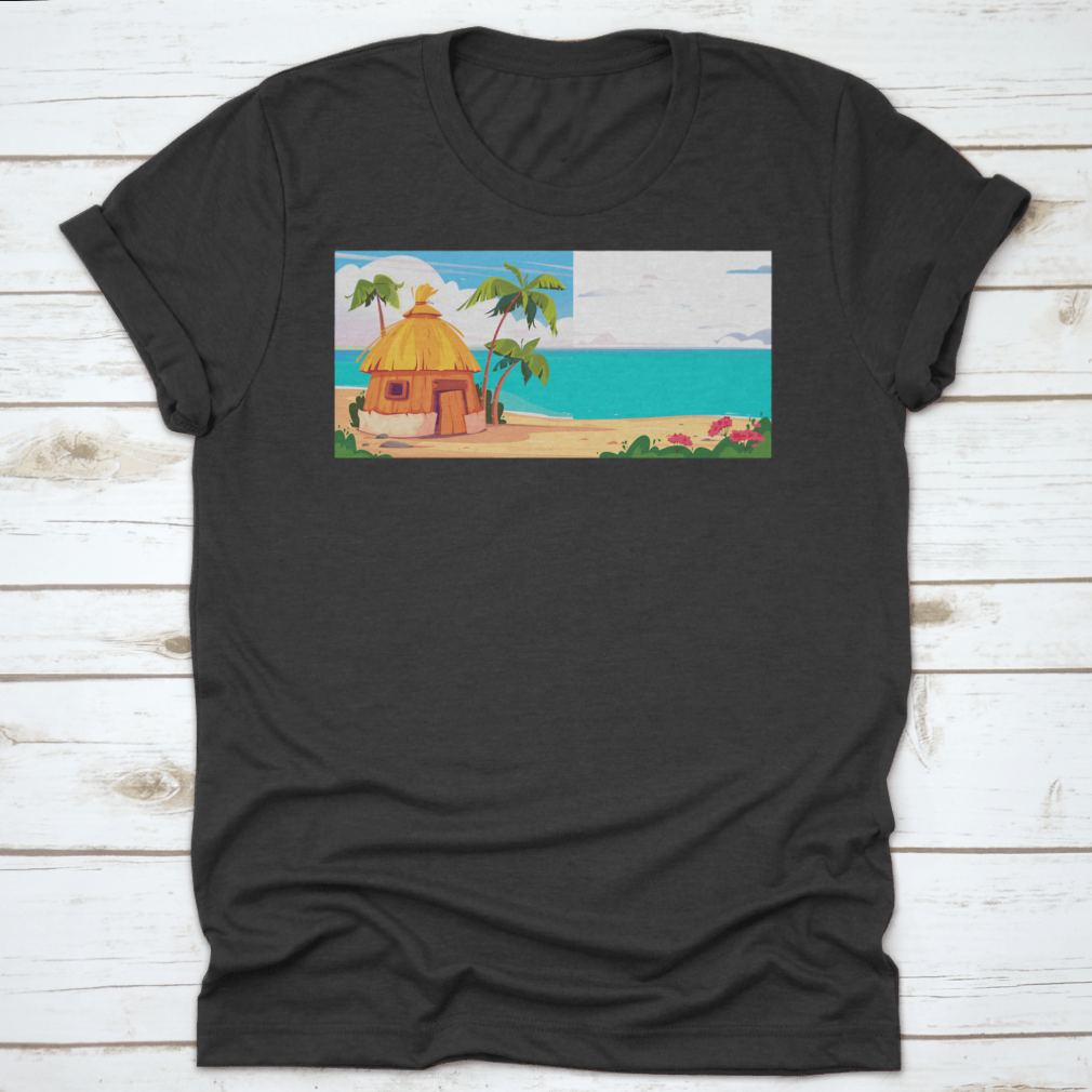 A picturesque bungalow on Maldives Island, surrounded by lush palm trees and colorful tropical flowers, showcasing a serene tropical paradise.