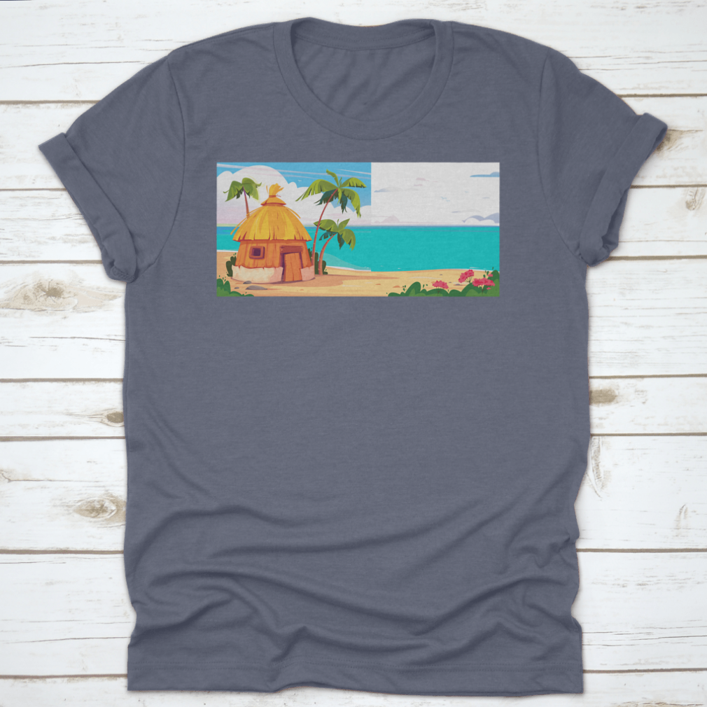 A picturesque bungalow on Maldives Island, surrounded by lush palm trees and colorful tropical flowers, showcasing a serene tropical paradise.