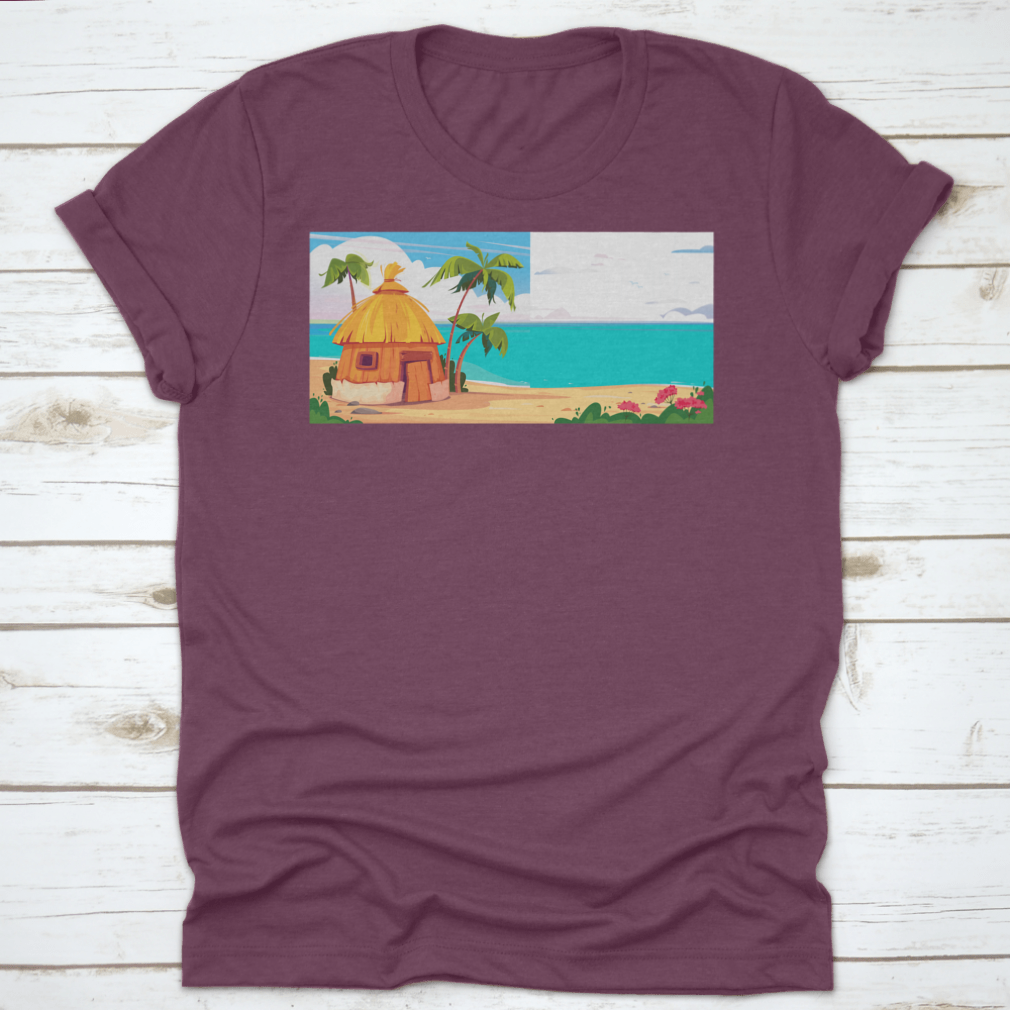 A picturesque bungalow on Maldives Island, surrounded by lush palm trees and colorful tropical flowers, showcasing a serene tropical paradise.