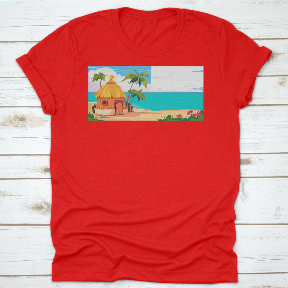 A picturesque bungalow on Maldives Island, surrounded by lush palm trees and colorful tropical flowers, showcasing a serene tropical paradise.