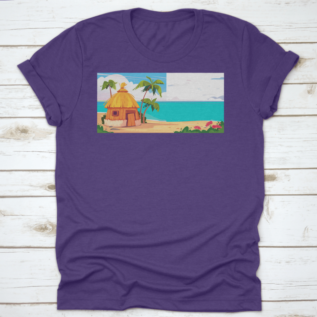 A picturesque bungalow on Maldives Island, surrounded by lush palm trees and colorful tropical flowers, showcasing a serene tropical paradise.