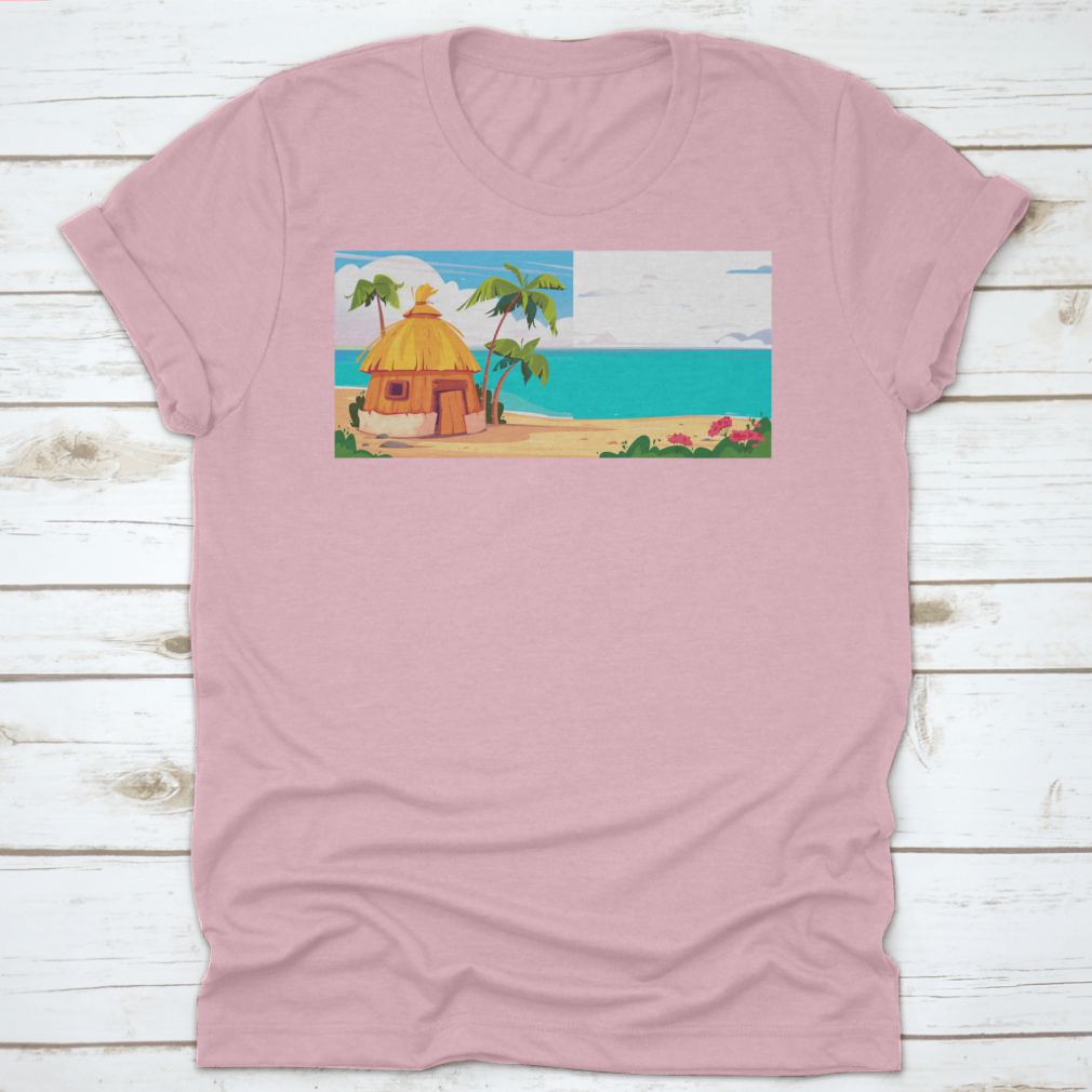 A picturesque bungalow on Maldives Island, surrounded by lush palm trees and colorful tropical flowers, showcasing a serene tropical paradise.