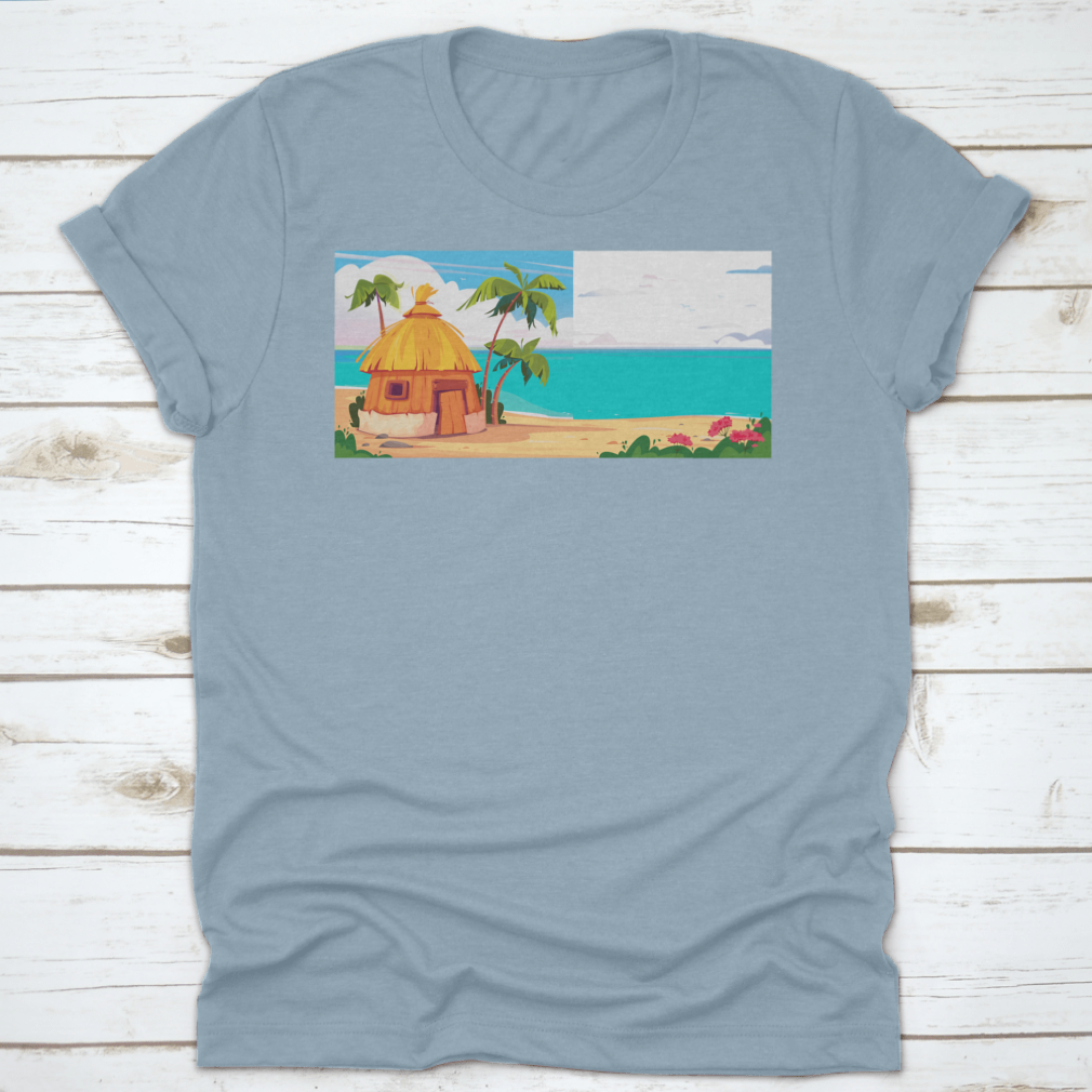 A picturesque bungalow on Maldives Island, surrounded by lush palm trees and colorful tropical flowers, showcasing a serene tropical paradise.