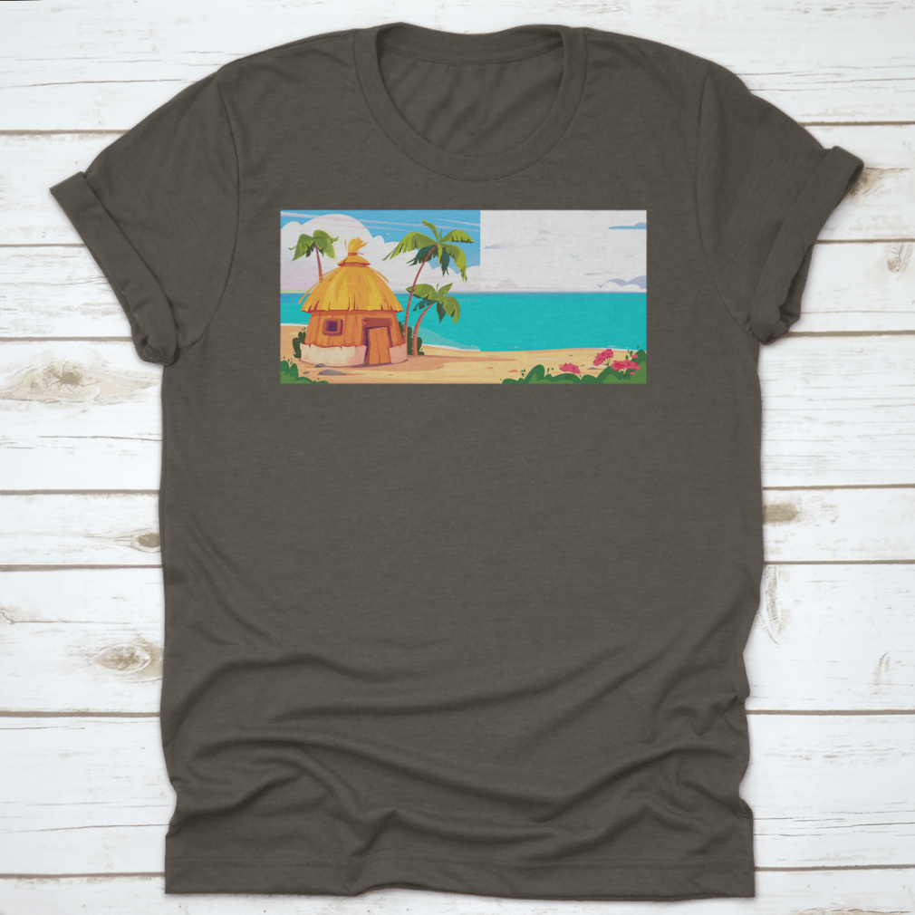 A picturesque bungalow on Maldives Island, surrounded by lush palm trees and colorful tropical flowers, showcasing a serene tropical paradise.