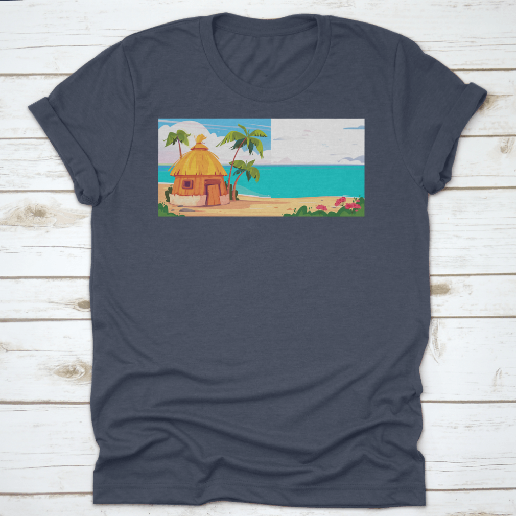 A picturesque bungalow on Maldives Island, surrounded by lush palm trees and colorful tropical flowers, showcasing a serene tropical paradise.