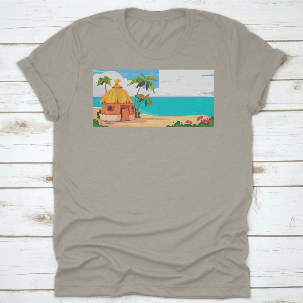 A picturesque bungalow on Maldives Island, surrounded by lush palm trees and colorful tropical flowers, showcasing a serene tropical paradise.