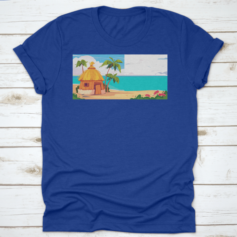 A picturesque bungalow on Maldives Island, surrounded by lush palm trees and colorful tropical flowers, showcasing a serene tropical paradise.