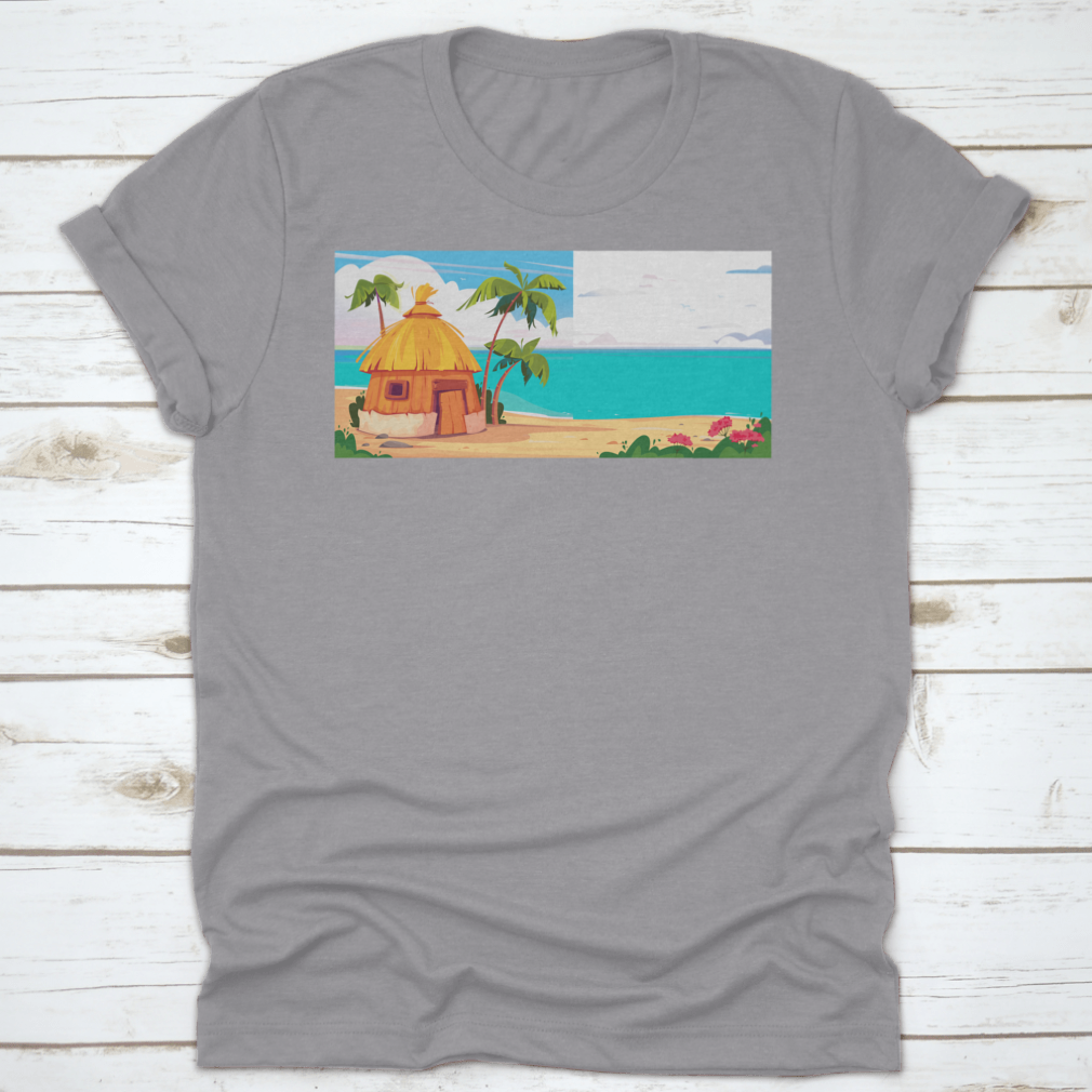 A picturesque bungalow on Maldives Island, surrounded by lush palm trees and colorful tropical flowers, showcasing a serene tropical paradise.