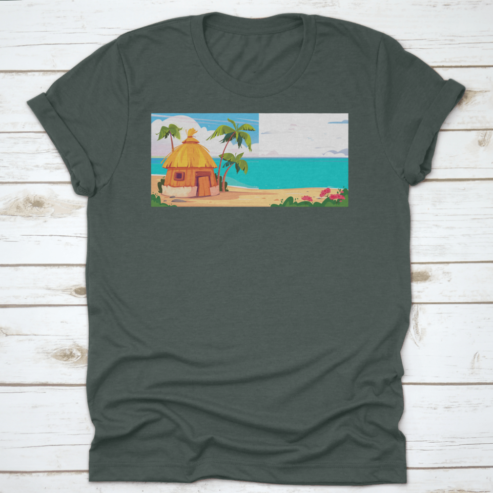 A picturesque bungalow on Maldives Island, surrounded by lush palm trees and colorful tropical flowers, showcasing a serene tropical paradise.