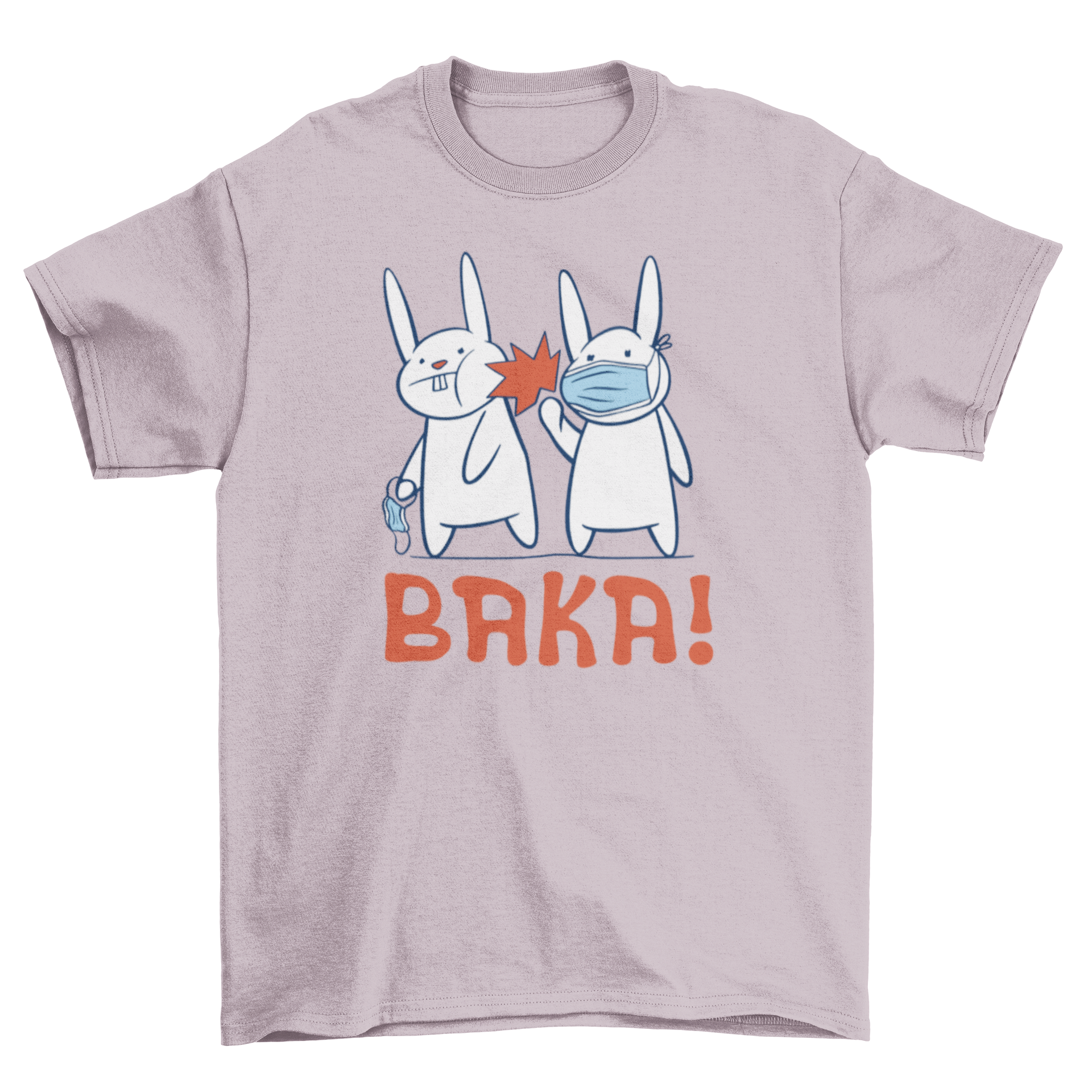 A humorous t-shirt featuring a cartoon rabbit wearing a face mask, playfully hitting another rabbit without a mask, with the quote 'Baka!'