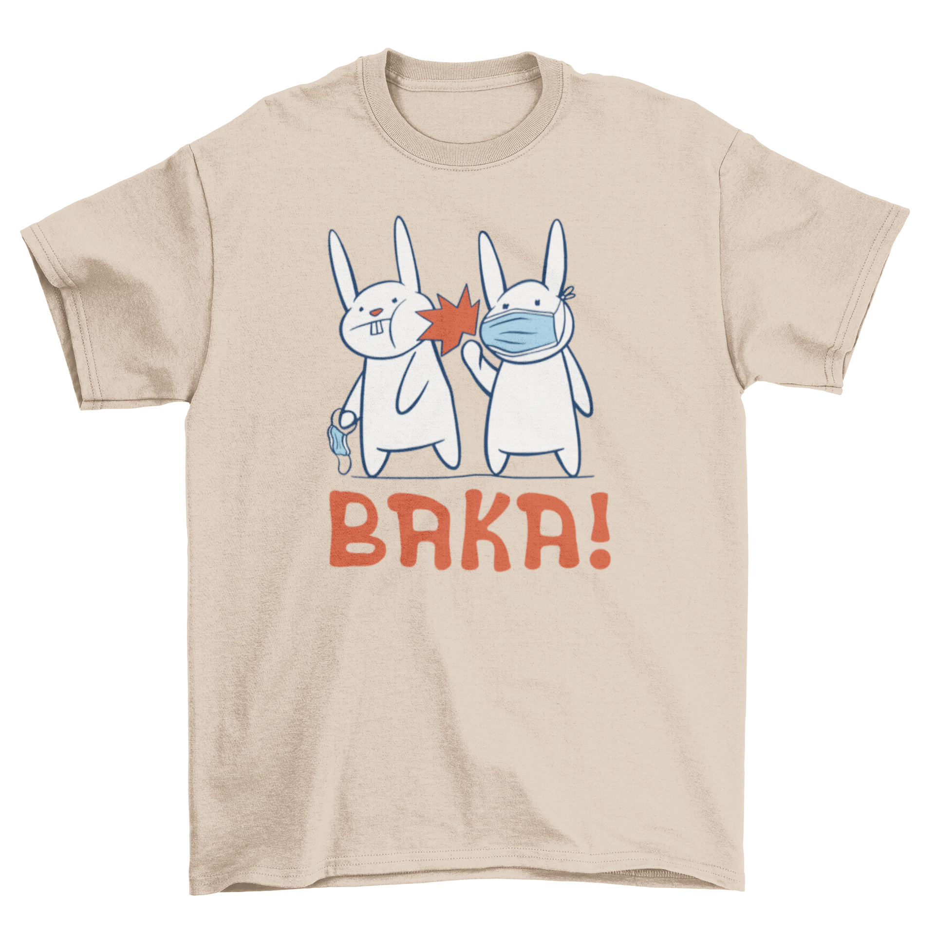 A humorous t-shirt featuring a cartoon rabbit wearing a face mask, playfully hitting another rabbit without a mask, with the quote 'Baka!'