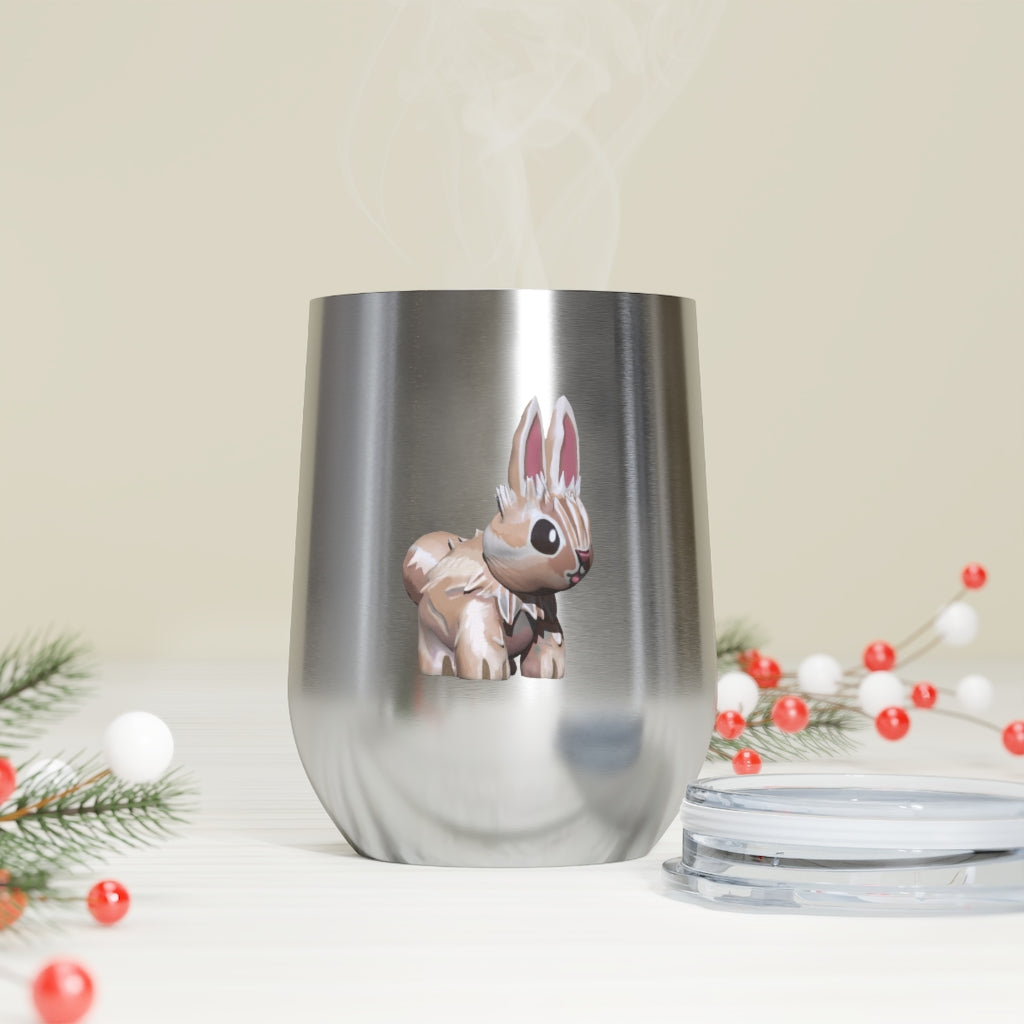 Bunny 12oz Insulated Wine Tumbler with clear lid, showcasing its sleek stainless steel design and vibrant artwork.