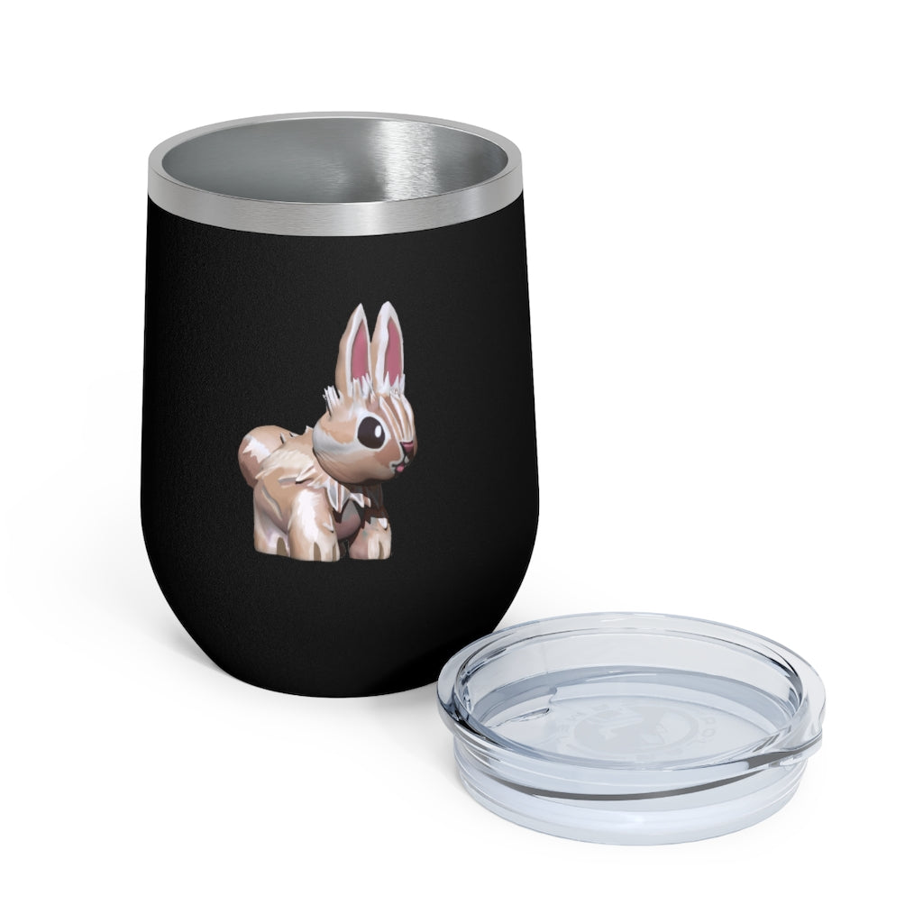 Bunny 12oz Insulated Wine Tumbler with clear lid, showcasing its sleek stainless steel design and vibrant artwork.