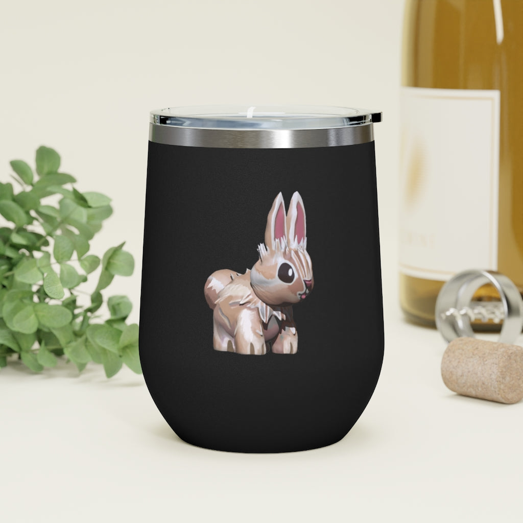 Bunny 12oz Insulated Wine Tumbler with clear lid, showcasing its sleek stainless steel design and vibrant artwork.
