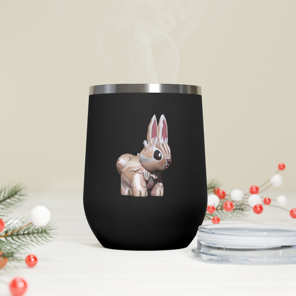 Bunny 12oz Insulated Wine Tumbler with clear lid, showcasing its sleek stainless steel design and vibrant artwork.
