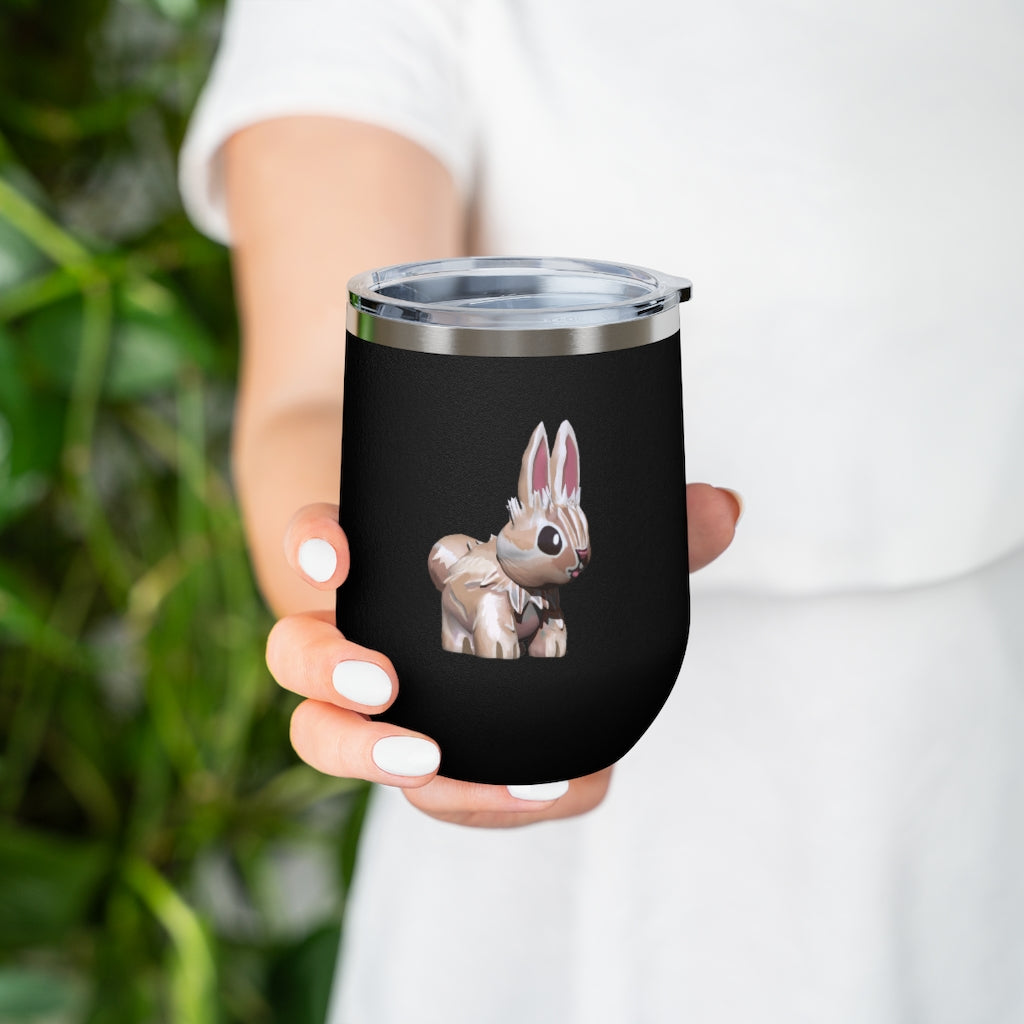 Bunny 12oz Insulated Wine Tumbler with clear lid, showcasing its sleek stainless steel design and vibrant artwork.