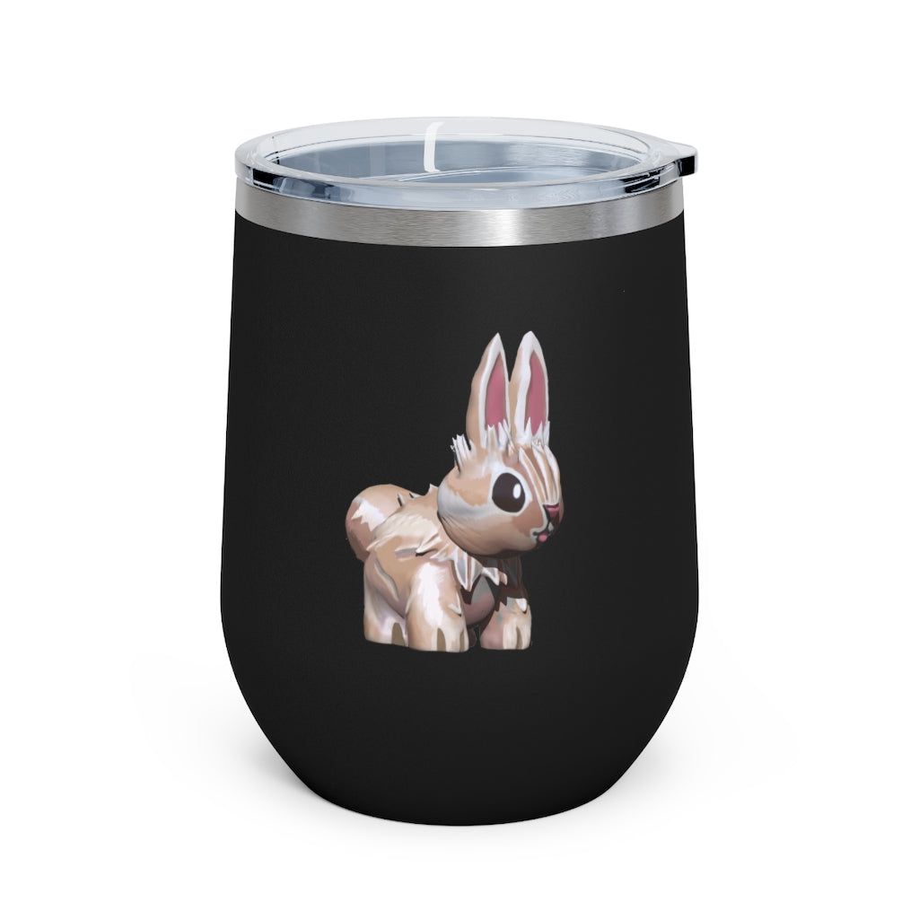 Bunny 12oz Insulated Wine Tumbler with clear lid, showcasing its sleek stainless steel design and vibrant artwork.