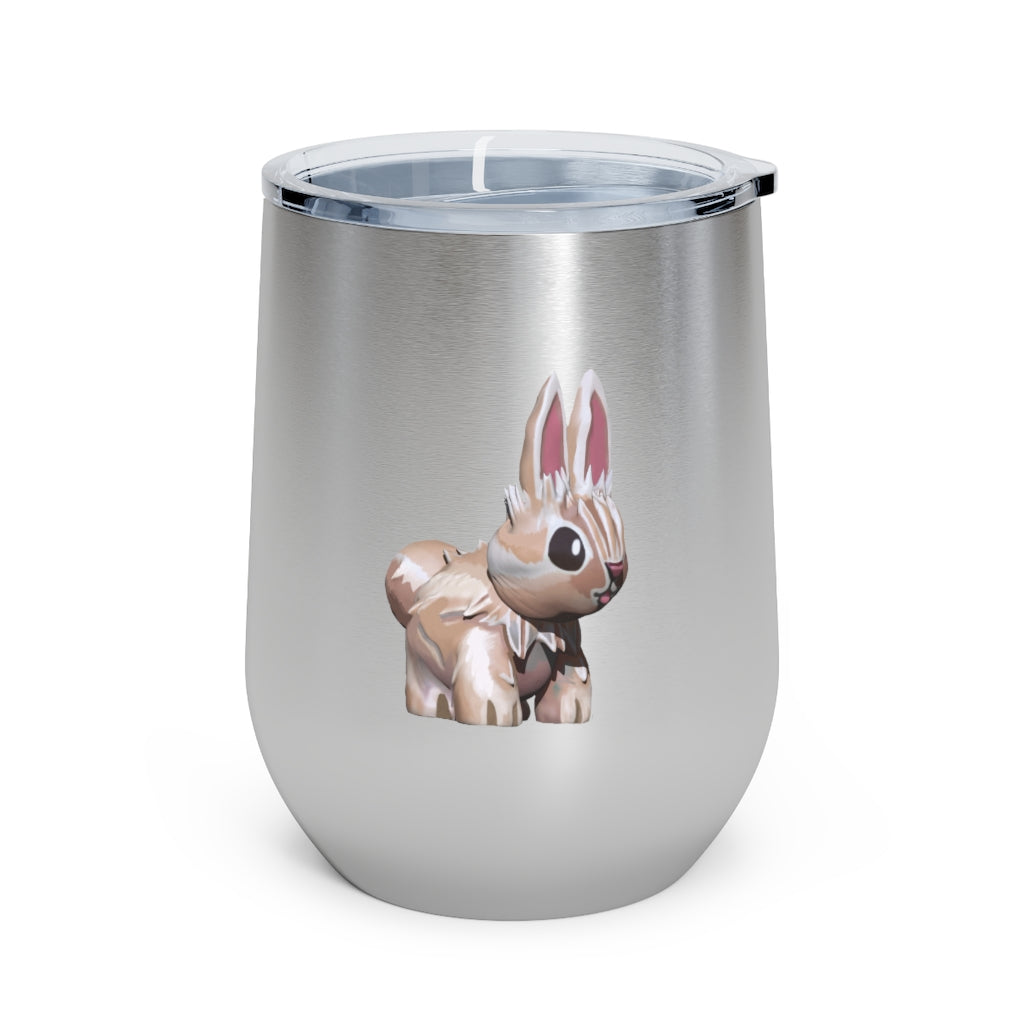 Bunny 12oz Insulated Wine Tumbler with clear lid, showcasing its sleek stainless steel design and vibrant artwork.