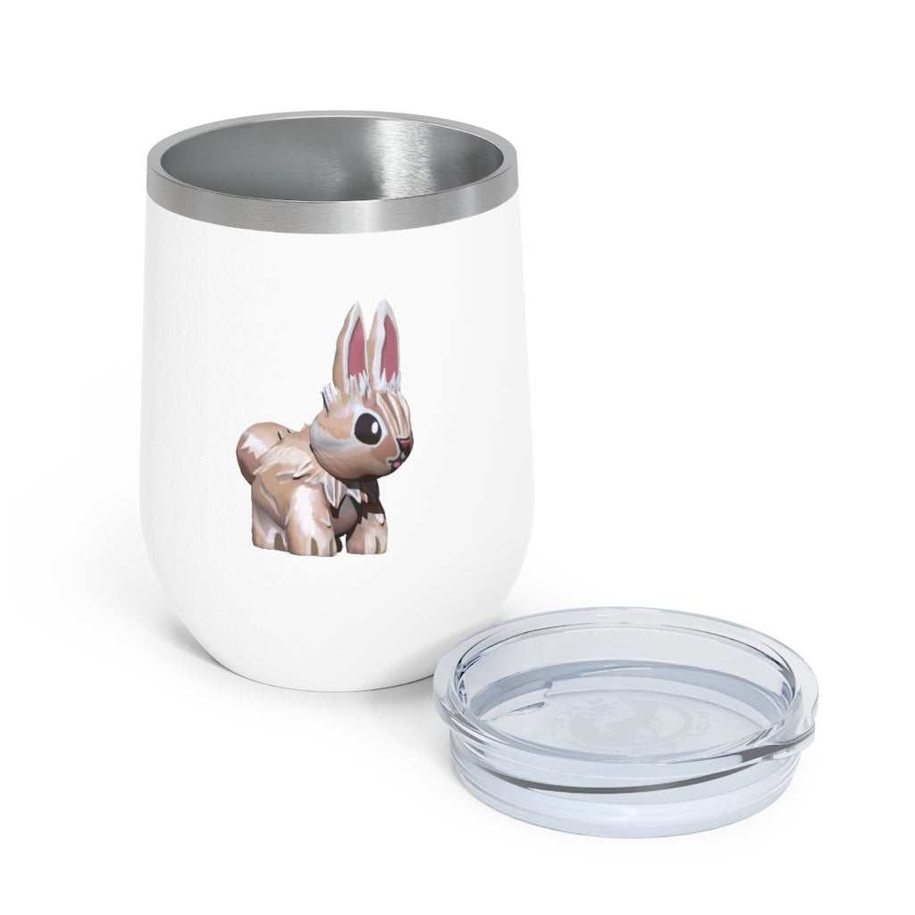 Bunny 12oz Insulated Wine Tumbler with clear lid, showcasing its sleek stainless steel design and vibrant artwork.