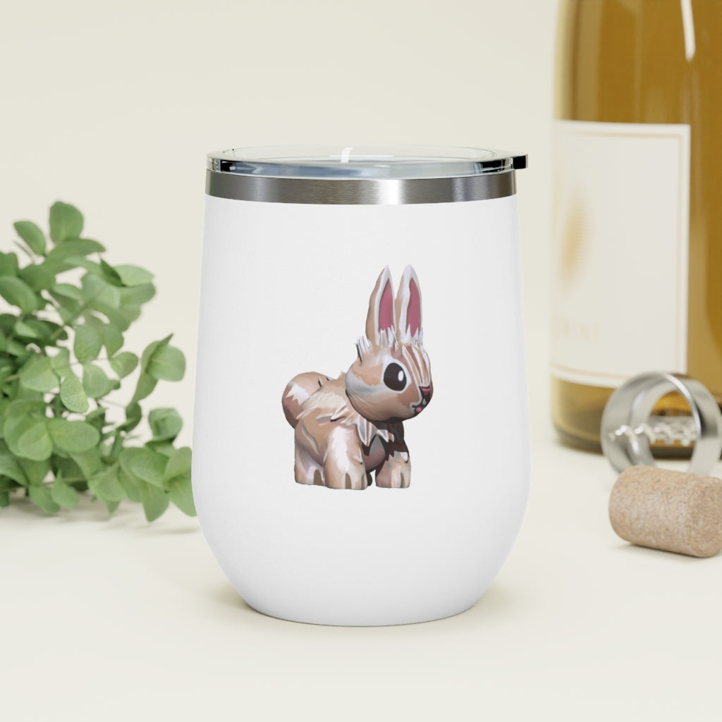 Bunny 12oz Insulated Wine Tumbler with clear lid, showcasing its sleek stainless steel design and vibrant artwork.