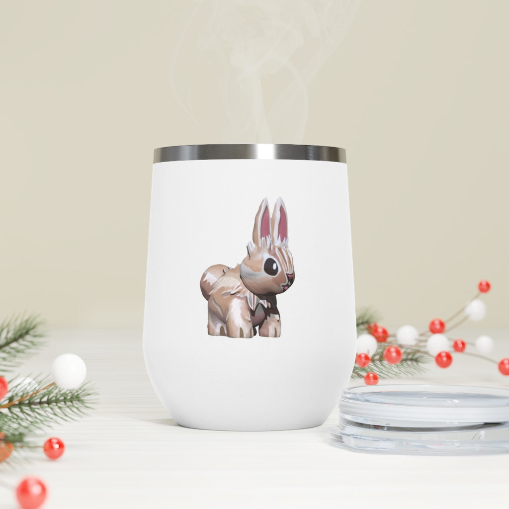 Bunny 12oz Insulated Wine Tumbler with clear lid, showcasing its sleek stainless steel design and vibrant artwork.