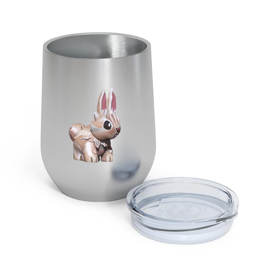 Bunny 12oz Insulated Wine Tumbler with clear lid, showcasing its sleek stainless steel design and vibrant artwork.