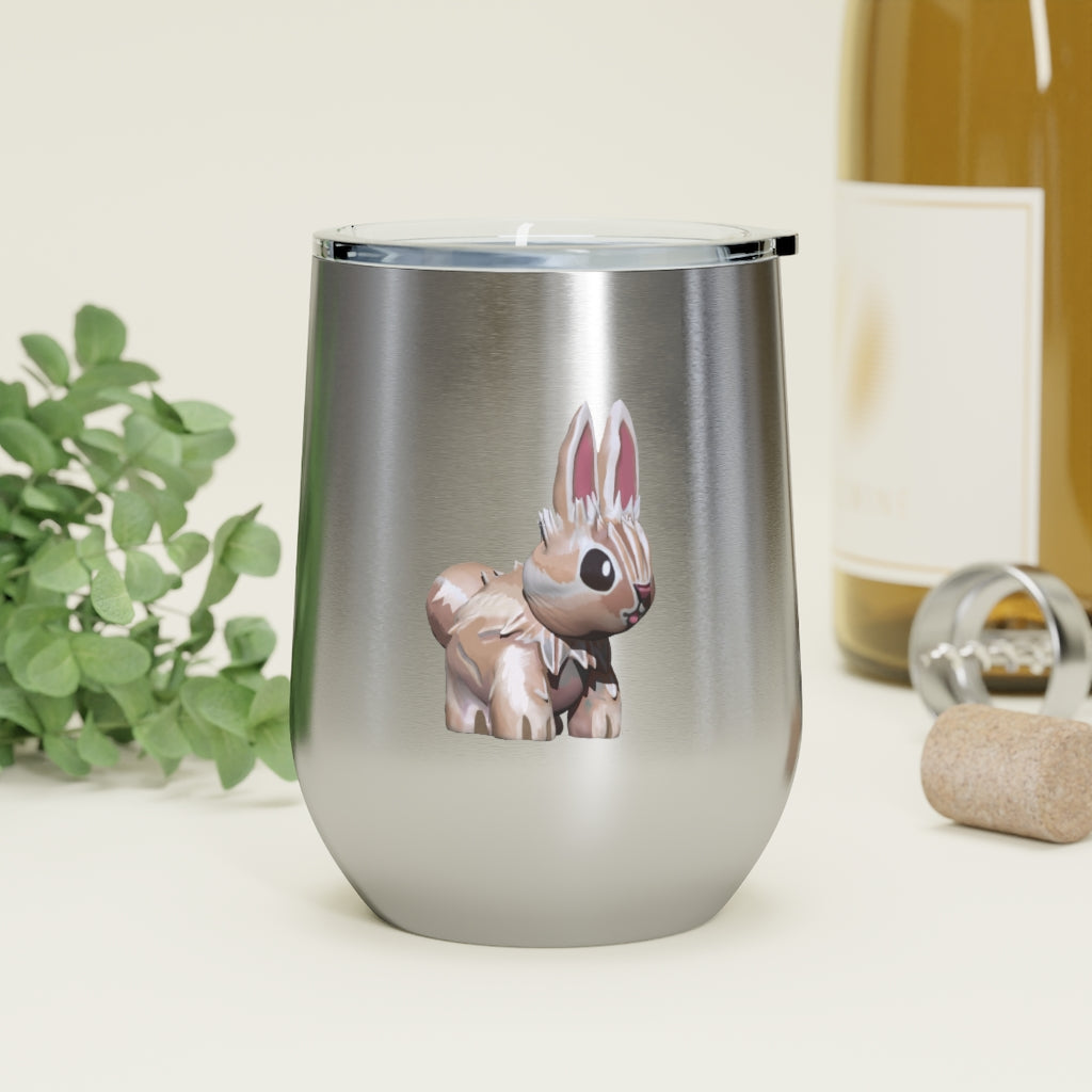 Bunny 12oz Insulated Wine Tumbler with clear lid, showcasing its sleek stainless steel design and vibrant artwork.